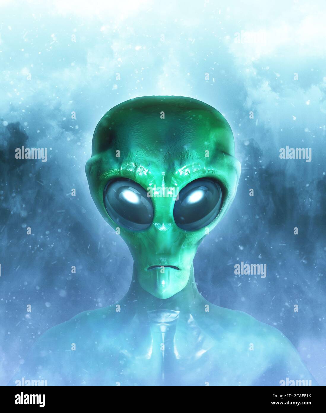 Porträt eines Außerirdischen in dunklem Hintergrund. 3D-Illustration Stockfoto
