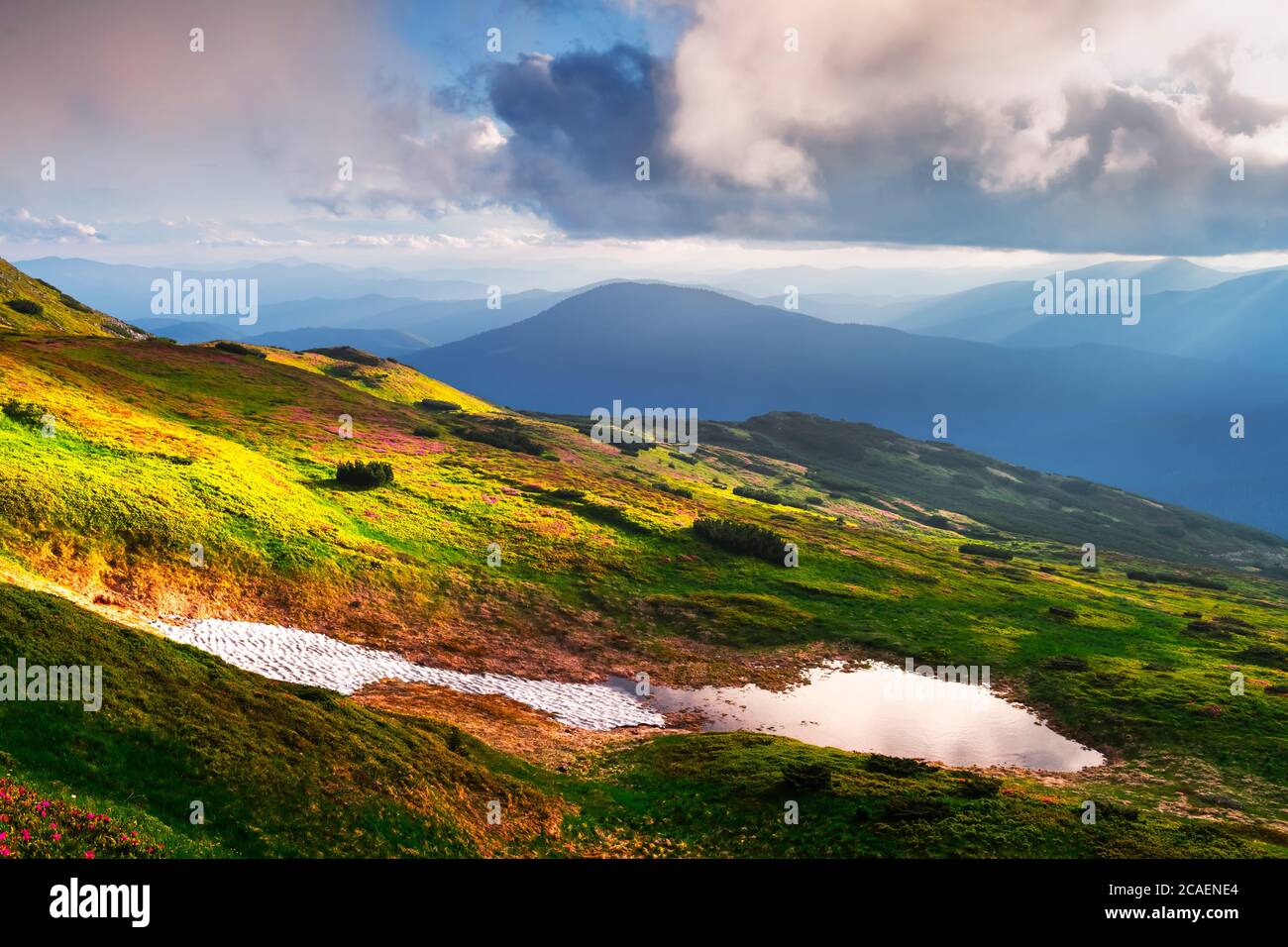Bergsee bei Sonnenaufgang. Malerische Sommerlandschaft mit grünen Hügeln und Sonnenstrahlen am Morgenhimmel. Karpaten Stockfoto