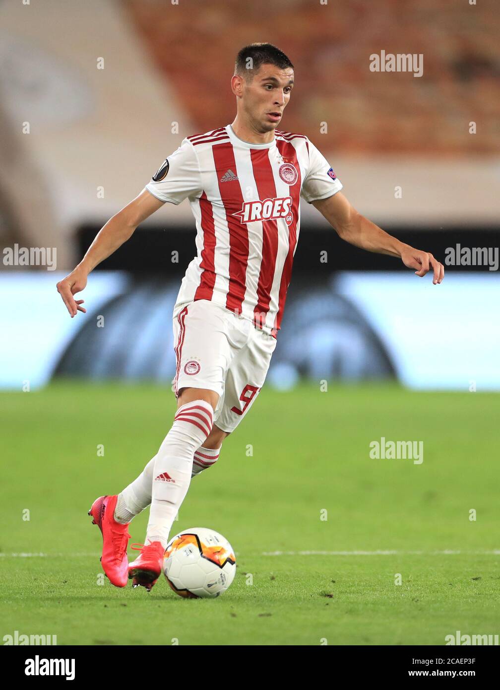 Olympiakos' Lazar Randjelovic während der UEFA Europa League Runde von 16 zweiten Beinspiel im Molineux Stadium, Wolverhampton. Donnerstag, 6. August 2020. Siehe PA Geschichte SOCCER Wolves. Bildnachweis sollte lauten: Mike Egerton/PA Wire. Stockfoto