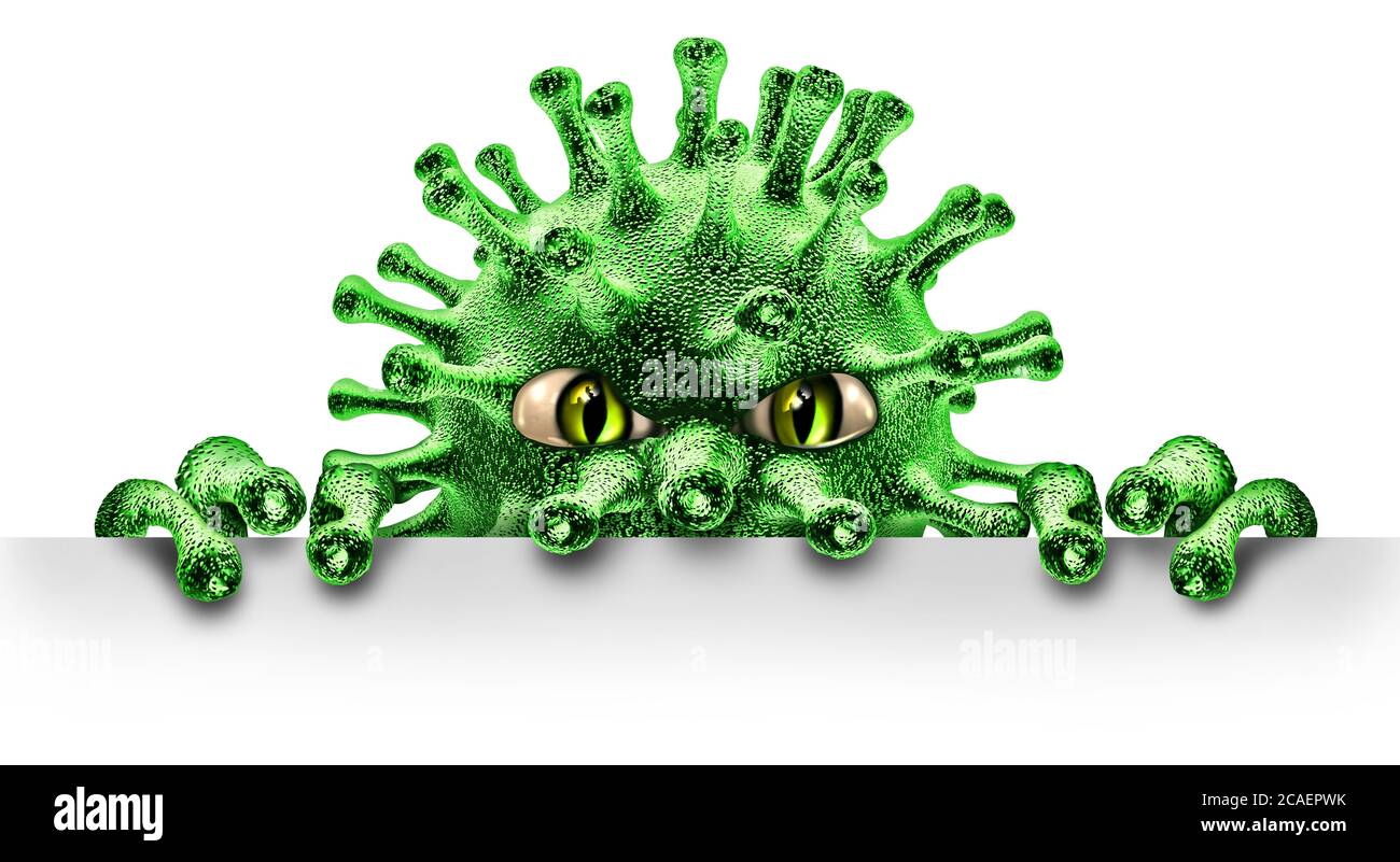 Virus Monster Peeking und Coronavirus Pandemie oder covid-19 Gefahr der Grippe und Grippe als 3D-Illustration verbreiten. Stockfoto