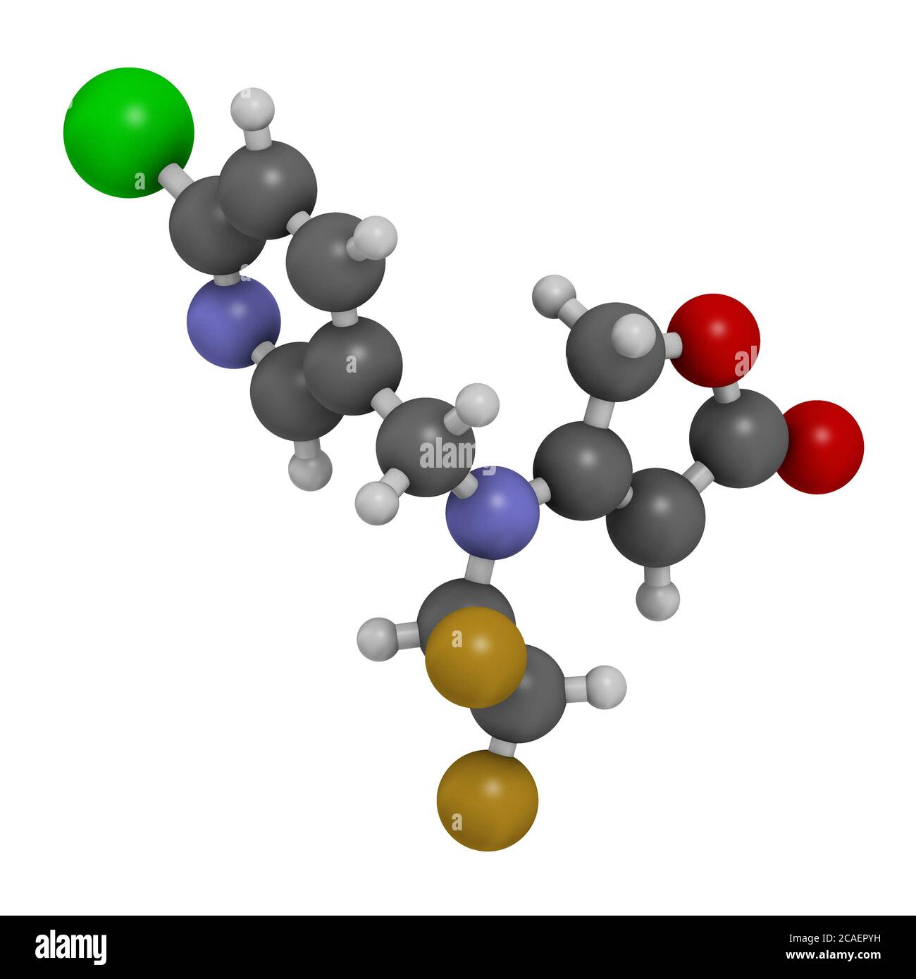 Flupyradifuron neonicotinoid Insektizid Molekül. 3D-Rendering. Atome werden als Kugeln mit konventioneller Farbkodierung dargestellt: Wasserstoff (weiß), c Stockfoto