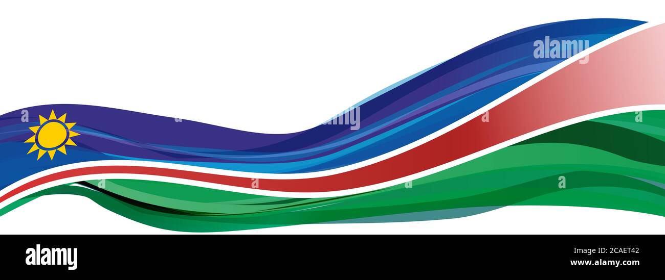 Flagge Namibias, blau rot grün mit weißen Streifen und gelber Sonne Flagge der Republik Namibia Stockfoto