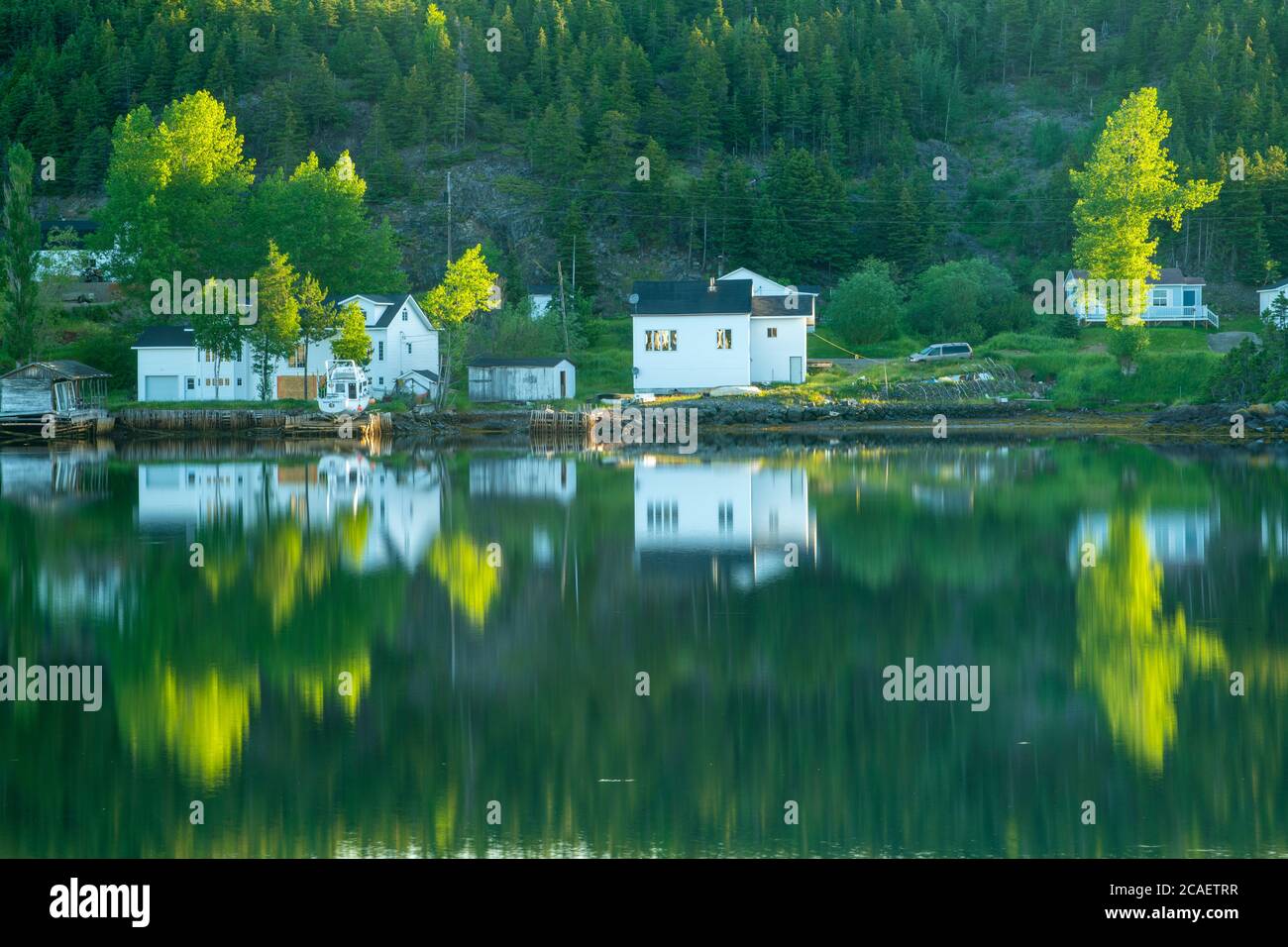 Reflections in the Inner Harbour, Robert's Arm, Neufundland und Labrador NL, Kanada Stockfoto