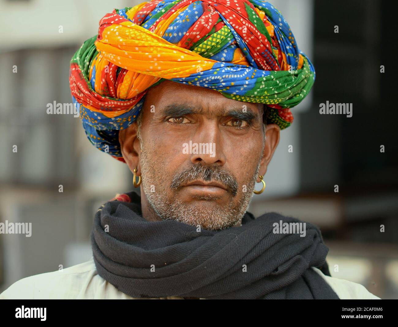 Gut aussehend, mittleren Alters indischen Rajasthani Mann mit bunten Rajasthani Turban (Pagari, pagri, Pagadi) Posen für die Kamera. Stockfoto
