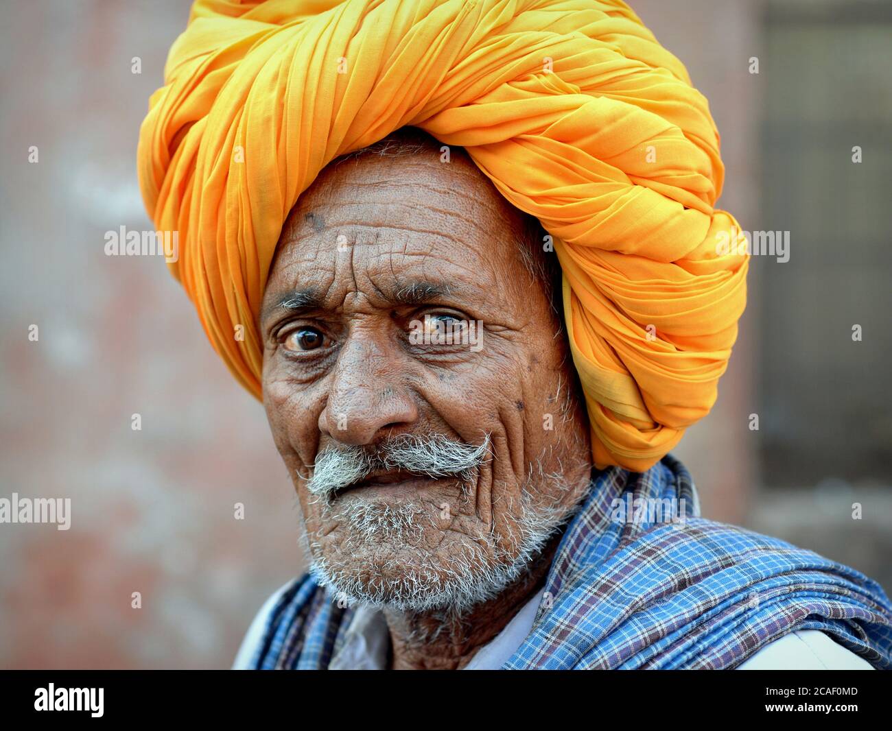 PLD Indian Rajasthani Rabari Mann mit gelben traditionellen Rajasthani Turban (Pagari) Posen für die Kamera. Stockfoto