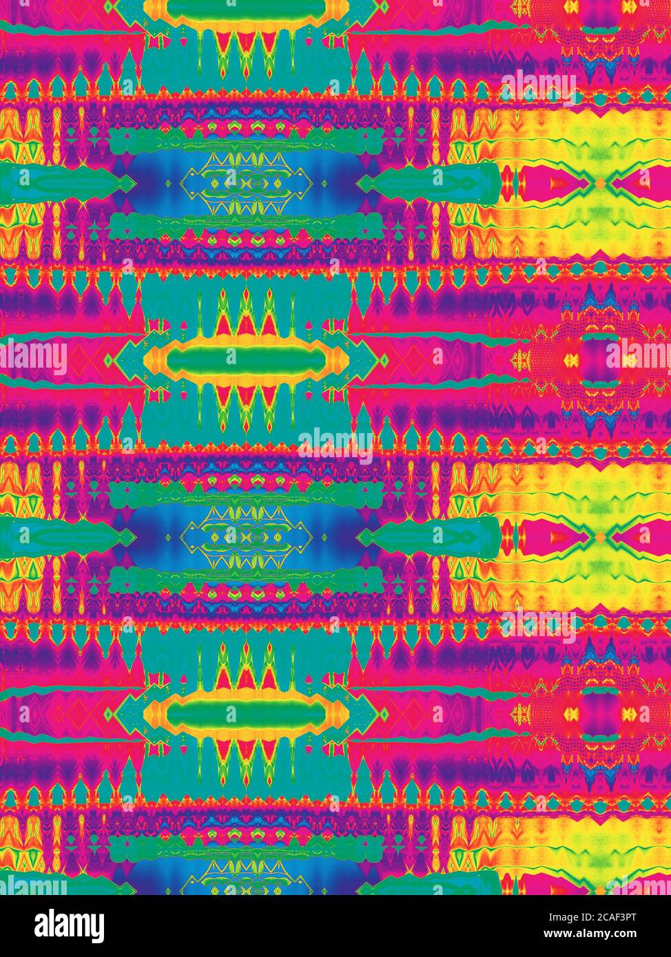 Abstrakter komplexer psychedelischer Vintage-Hintergrund in lebendigen Farben. Bunt verzerrte Neon Formen Party Poster. Stockfoto