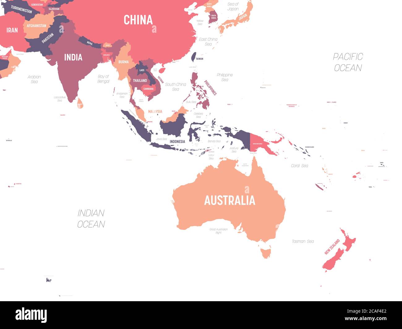 Karte Australien und Südostasien. Hoch detaillierte politische Karte der australischen und südöstlichen Asien Region mit Land, Ozean und Meer Namen Kennzeichnung. Stock Vektor