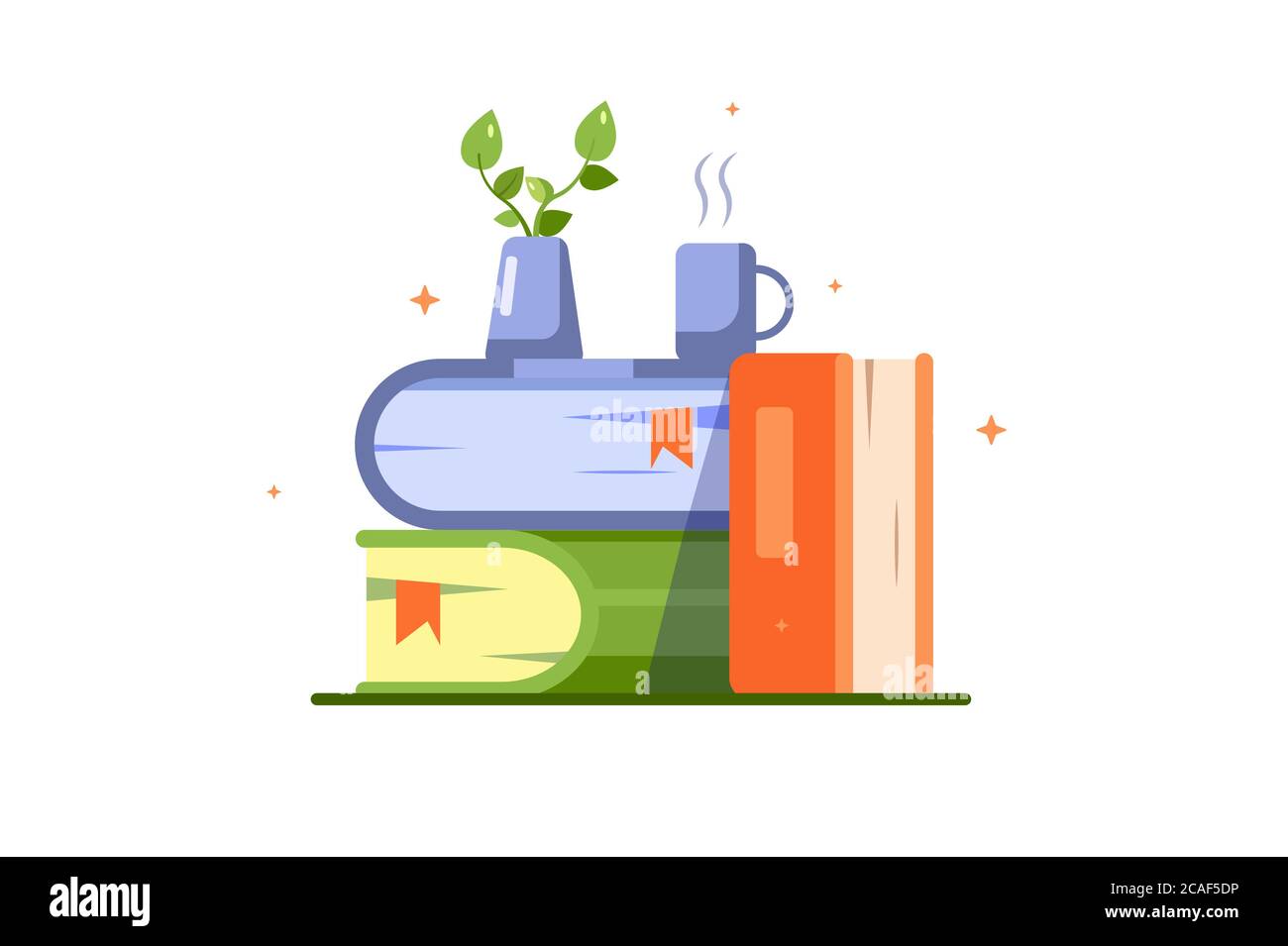 Ein Stapel Bücher mit einer Tasse und einem Blumentopf darauf. Stock Vektor
