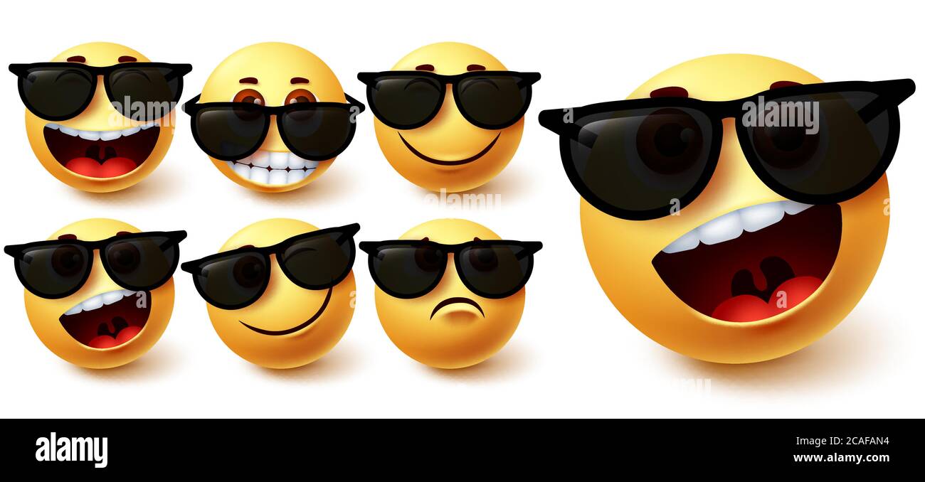 Smiley in Sonnenbrille Vektor-Set. Smileys Emoji Charakter trägt eine  Brille mit verschiedenen Gesichtsausdruck wie niedlich, frech, verrückt und  cool Stock-Vektorgrafik - Alamy