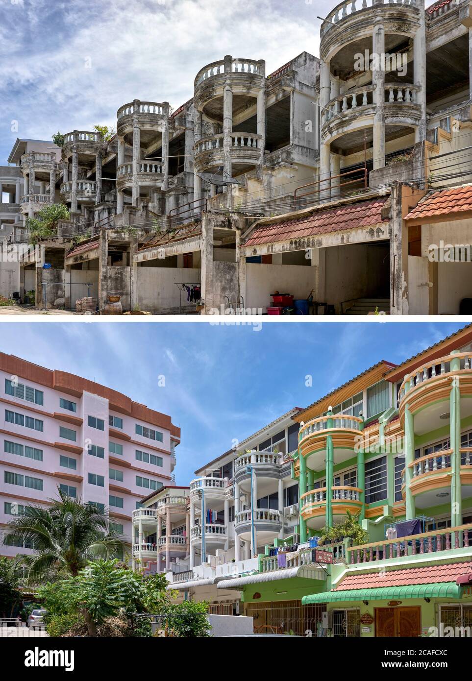 Vor nach, Renovierung, Wohnungen, Gebäude, Häuser. Thailand Südostasien Stockfoto