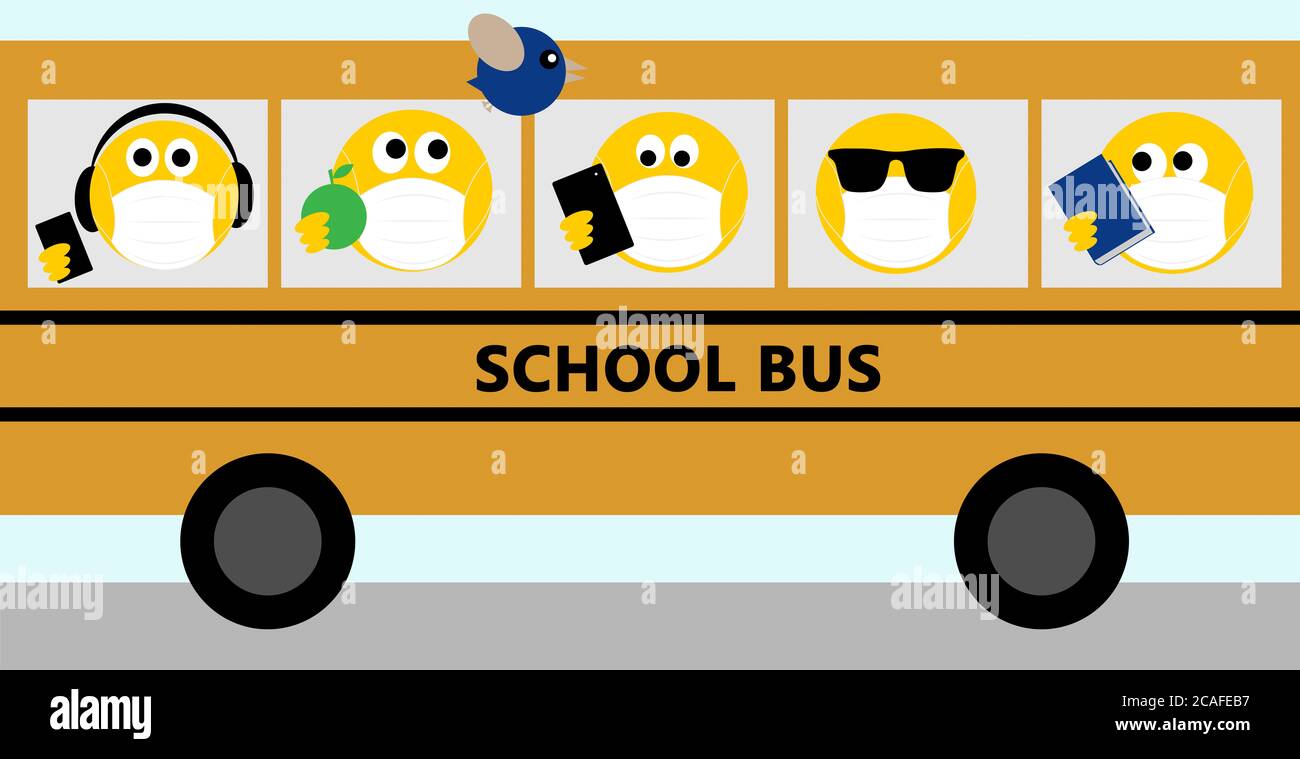 Kinder Emoji Tragen Gesichtsmasken Auf Gelben Schulbus Zuruck Zum Schultext Kinder Gehen Zur Schule Wahrend Covid 19 Coronavirus Stockfotografie Alamy
