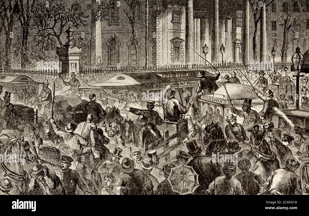 Stau an der Fulton Street, New York City, 1866, vor der Schaffung der Verkehrspolizei Stockfoto