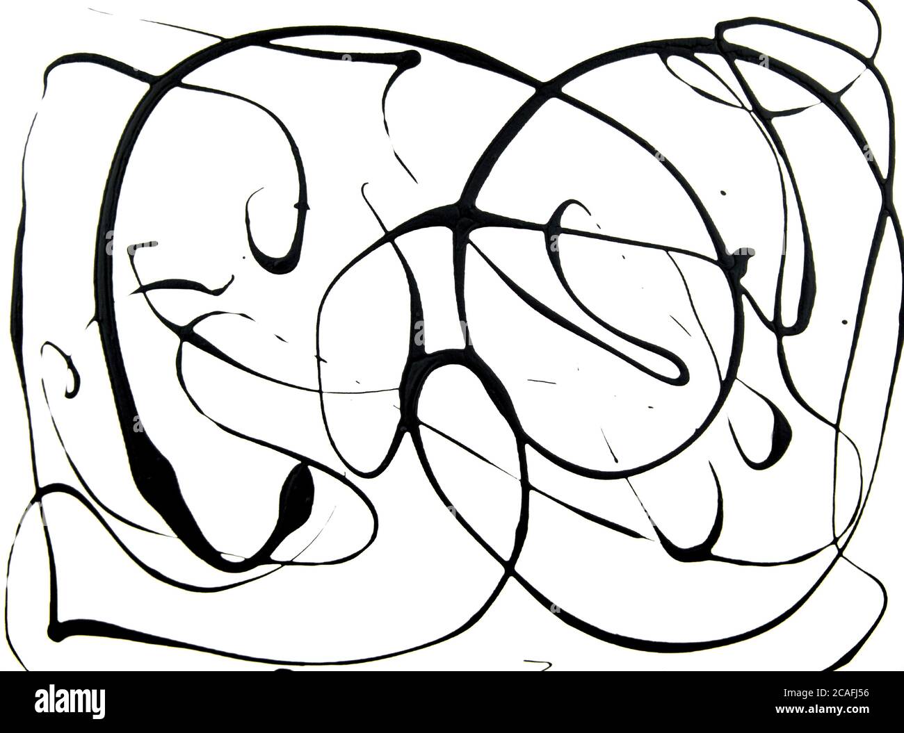 Schwarze unregelmäßige abstrakte Acryl Gießen Technik auf weißem Leinwand Hintergrund. Für dein Modell, Overlay, Flat Lay, Hintergründe. Speicherplatz kopieren. Stockfoto