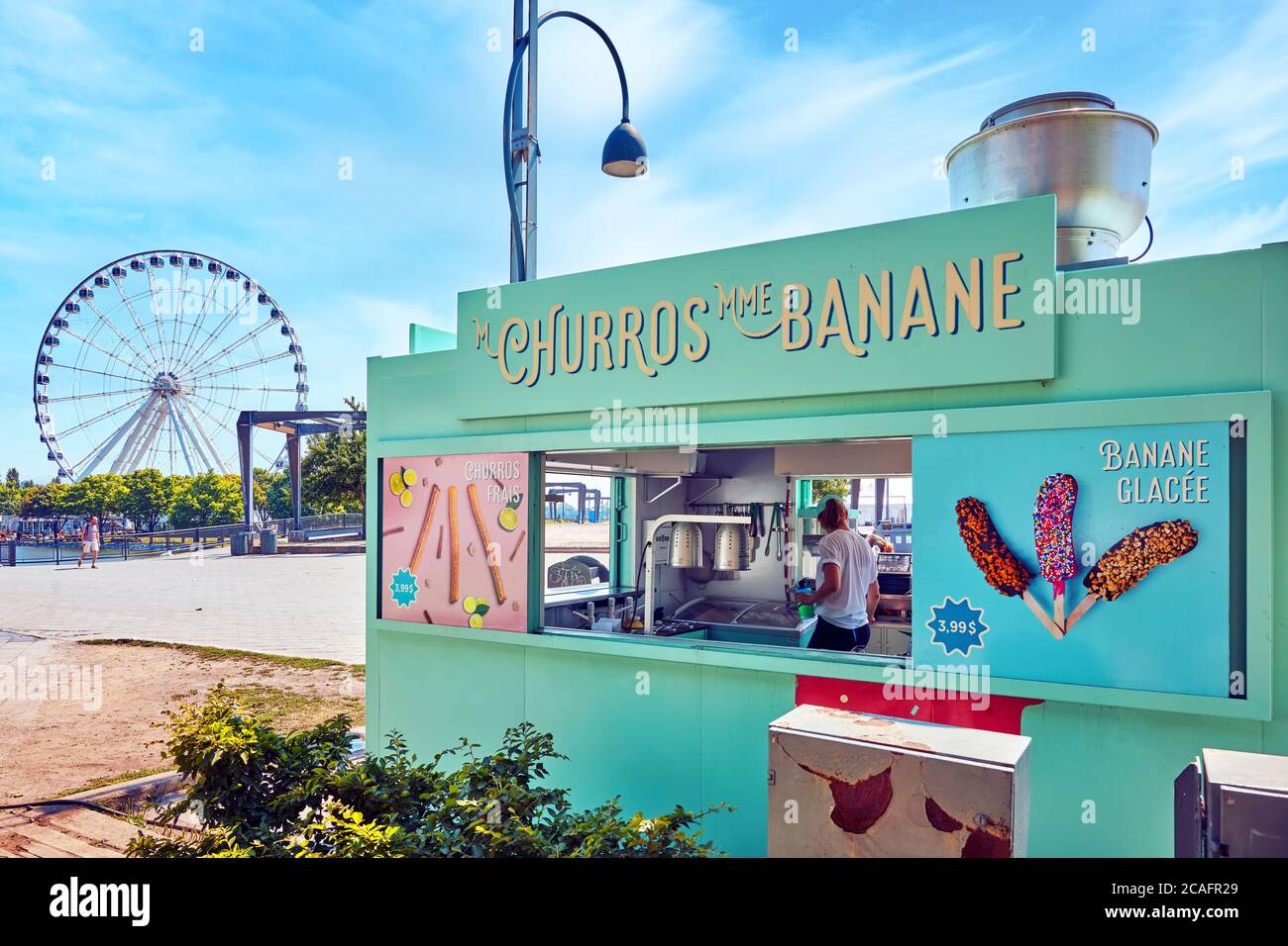 Montreal, Kanada - Juni, 2018: M Churros Mme Banane Churros und gefrorene Bananengeschäft im alten Hafen in Montreal, Quebec, Kanada. Stockfoto