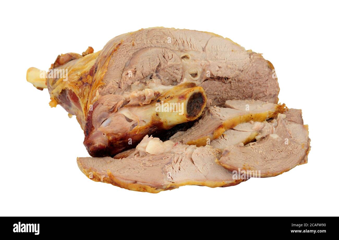 Geröstete Hälfte Lammbein Fleisch Joint isoliert auf einem weißen Hintergrund Stockfoto
