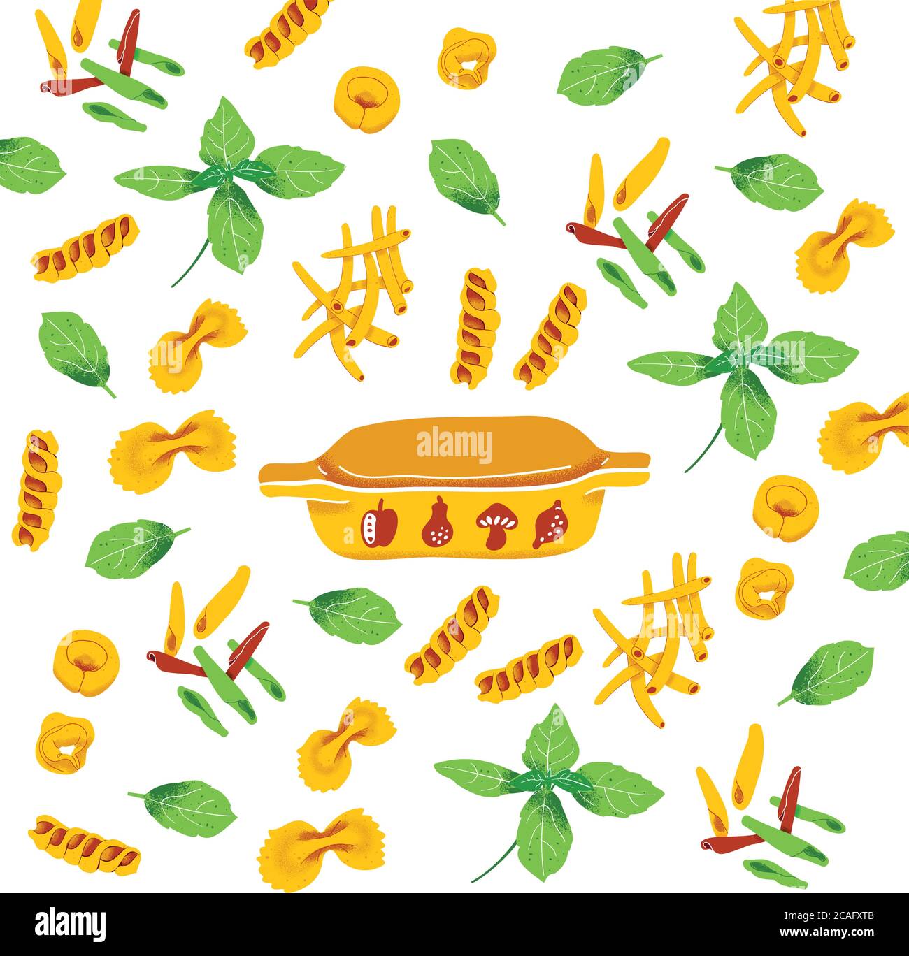 Italienische Kasserolle umgeben von Basilikumblättern und allen Arten von Pasta wie Maccheroni, Tortellini, Fusilli, Farfalle, Fricelli und anderen italienischen Nudeln Stock Vektor