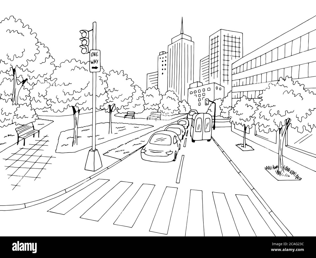 Straße Straße Grafik schwarz weiß Stadt Landschaft Skizze Illustration Vektor Stock Vektor