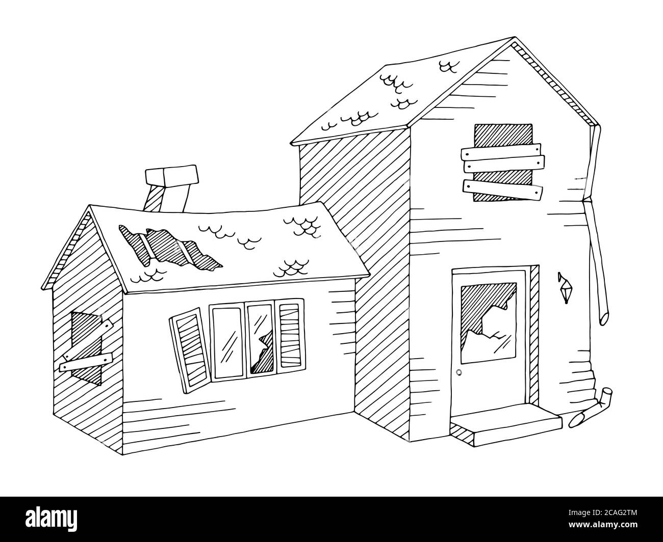 Altes Haus außen Grafik schwarz weiß isoliert Skizze Illustration Vektor Stock Vektor