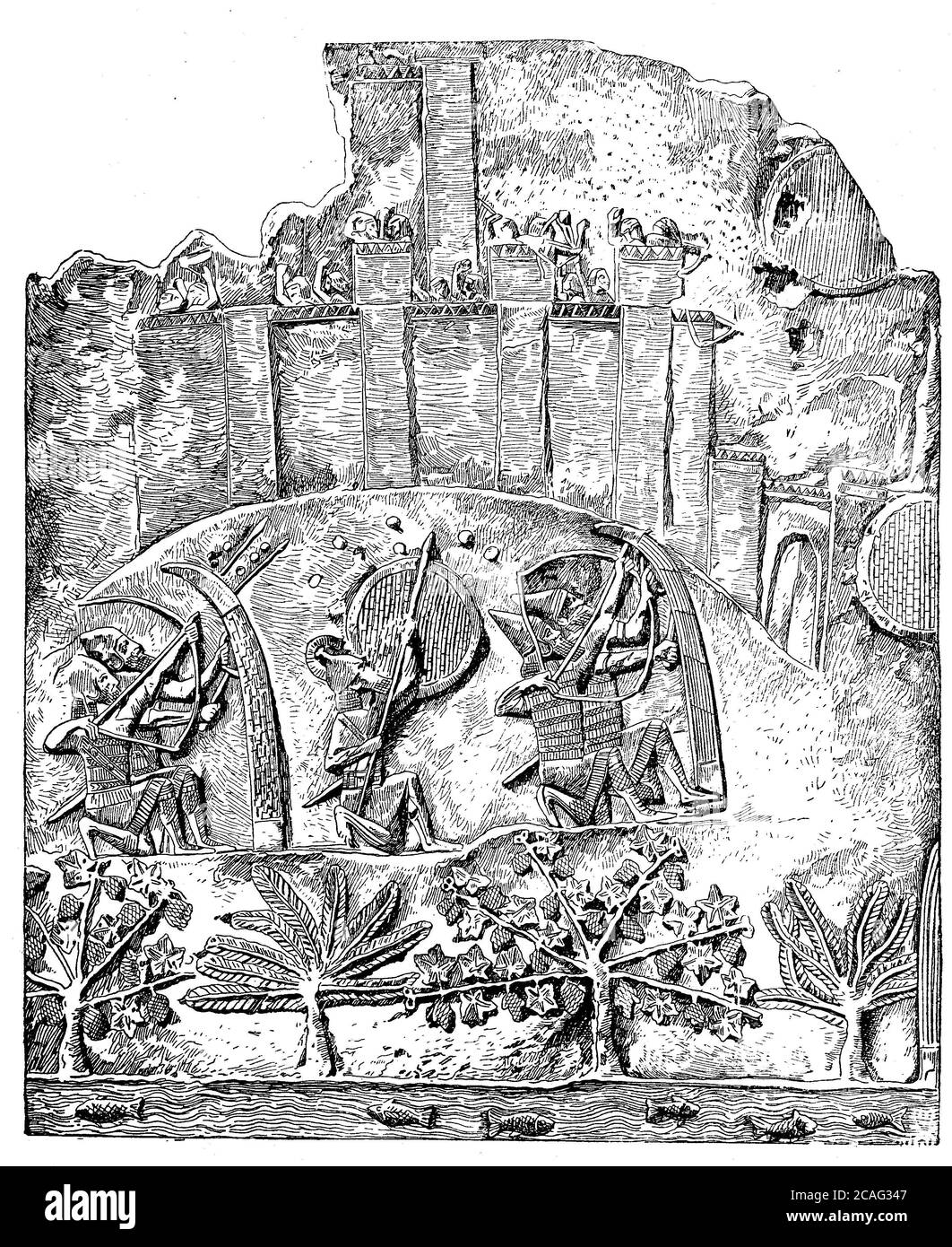 Eine Belagerung durch die Assyrer, Relief aus der Zeit Sencheribs, Sennacherib, um 730 v. Chr. / Belagerung einer Stadt durch die Assyrer, Relief aus der Zeit des Sencherib, Sin-ahhe-eriba, ca 730 v. Chr., Historisch, historisch, Digitale verbesserte Reproduktion eines Originals aus dem 19. Jahrhundert / digitale Reproduktion einer Originalvorlage aus dem 19. Jahrhundert, Stockfoto