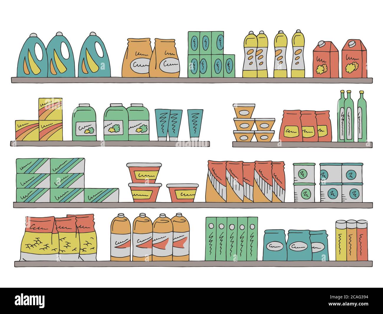 Regale setzen Grafik Farbe isoliert Skizze Lebensmittel Lebensmittelgeschäft Illustration vektor Stock Vektor