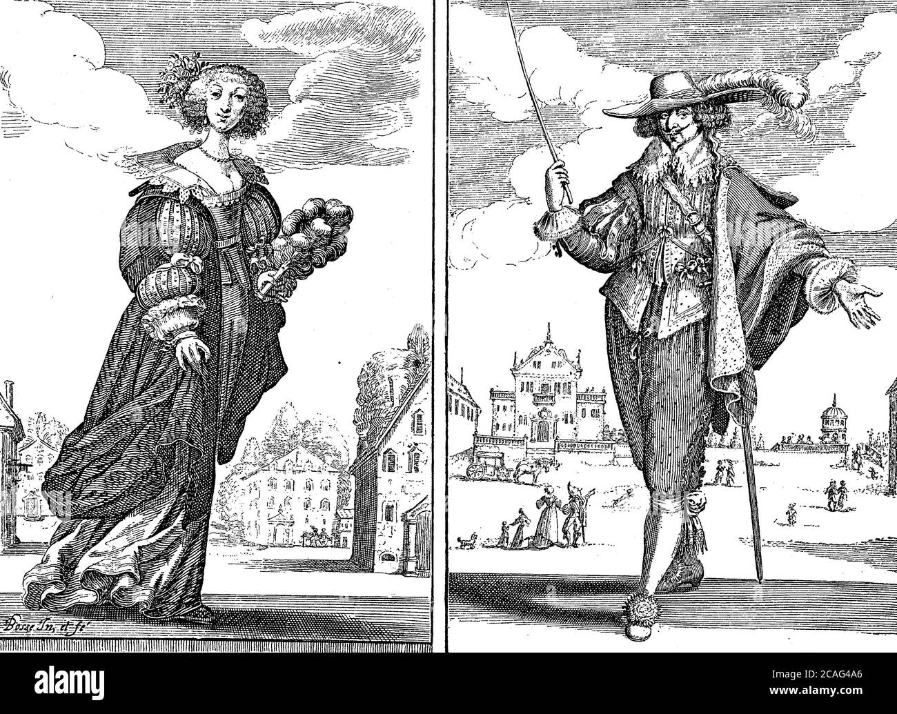 Adlige Dame und Gentleman der zweiten Haelte des 17. Jahrhunderts, Frankreich / Adlige Dame und Edelmann aus der zweiten Haelte des 17. Jahrhundert, Frankreich, Historisch, historisch, digital verbesserte Reproduktion eines Originals aus dem 19. Jahrhundert / digitale Reproduktion einer Originalvorlage aus dem 19. Jahrhundert, Stockfoto