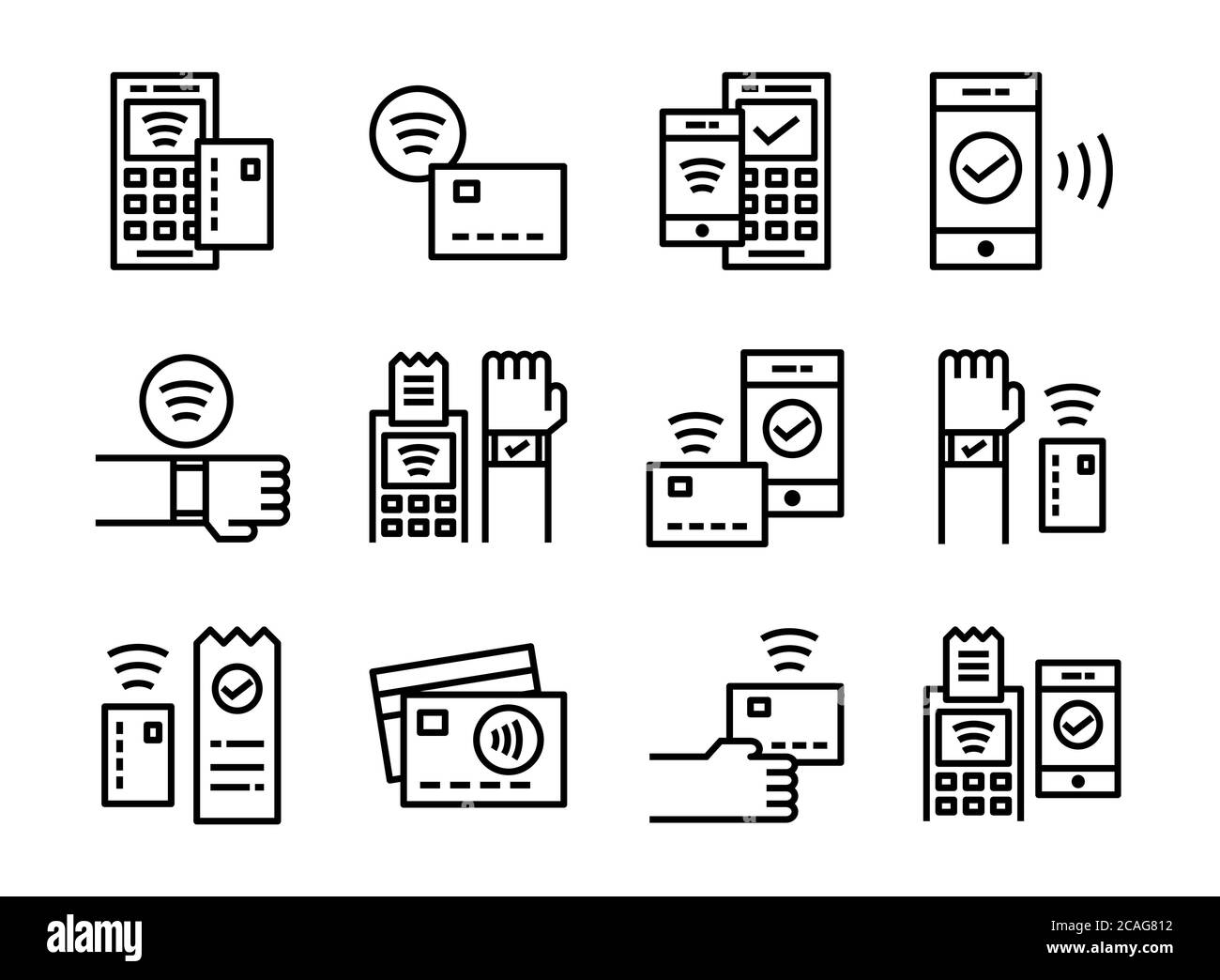 Kontaktloses Zahlungssymbol im Inline-Stil. Symbole für Website, Magazin, App und Design. Stock Vektor