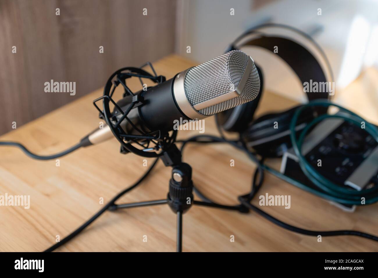 Mikrofon - professionelles Kondensatormikrofon in einem Heimstudio für Podcast, Musikproduktion, Voice over, Aufnahme Stockfoto