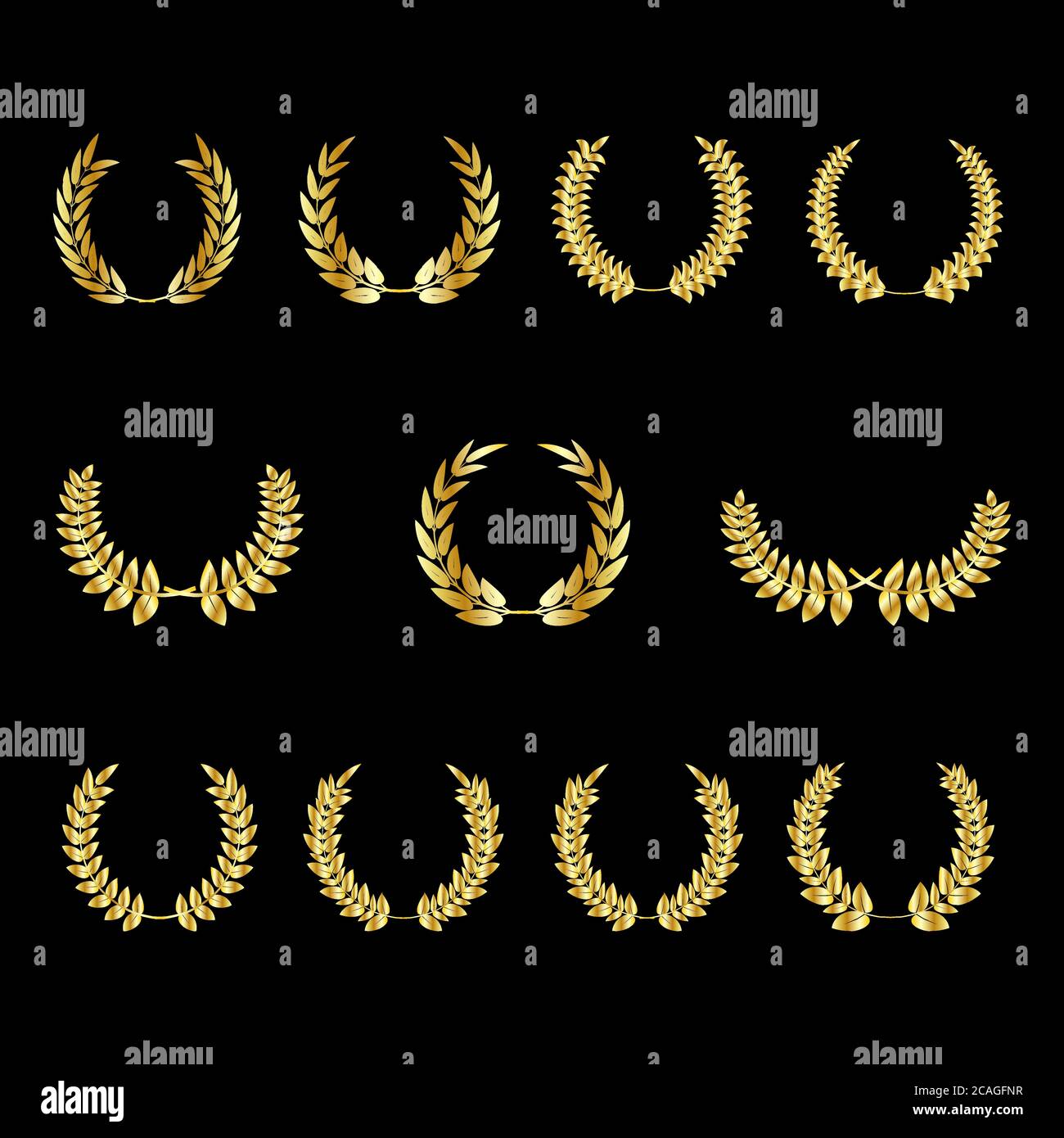 Set von Gold Award Lorbeerkränze und Zweige auf einem dunklen Hintergrund, Vektor-Illustration für Blatt, Weizen und Oliven Kränze einen Preis darstellen, zu erreichen Stock Vektor