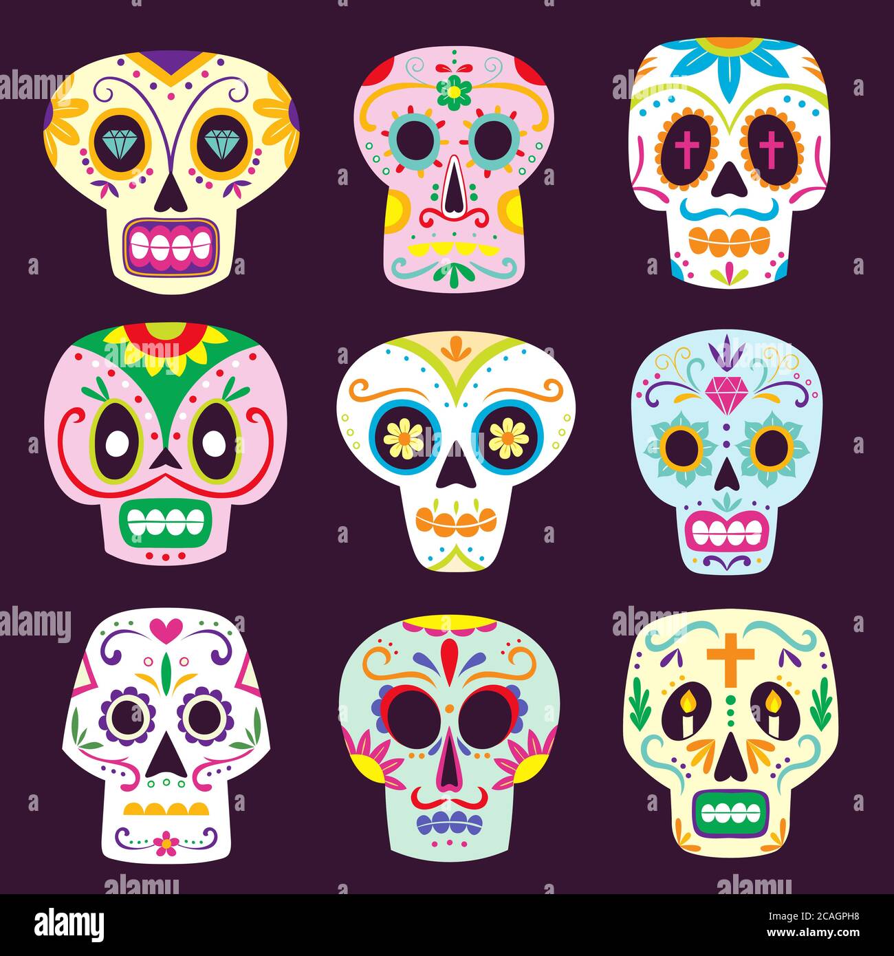 Mexikanischer Totenkopf-Set. Niedliche bunte Zucker Schädel in Cartoon-Stil. Vektorgrafik. Stock Vektor