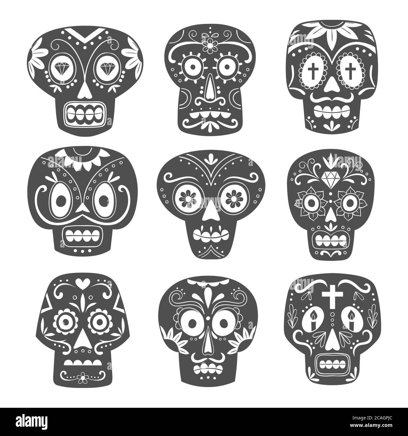 Mexikanischer Totenkopf-Set. Niedliche schwarze und weiße Zucker Schädel im Cartoon-Stil. Vektorgrafik. Stock Vektor