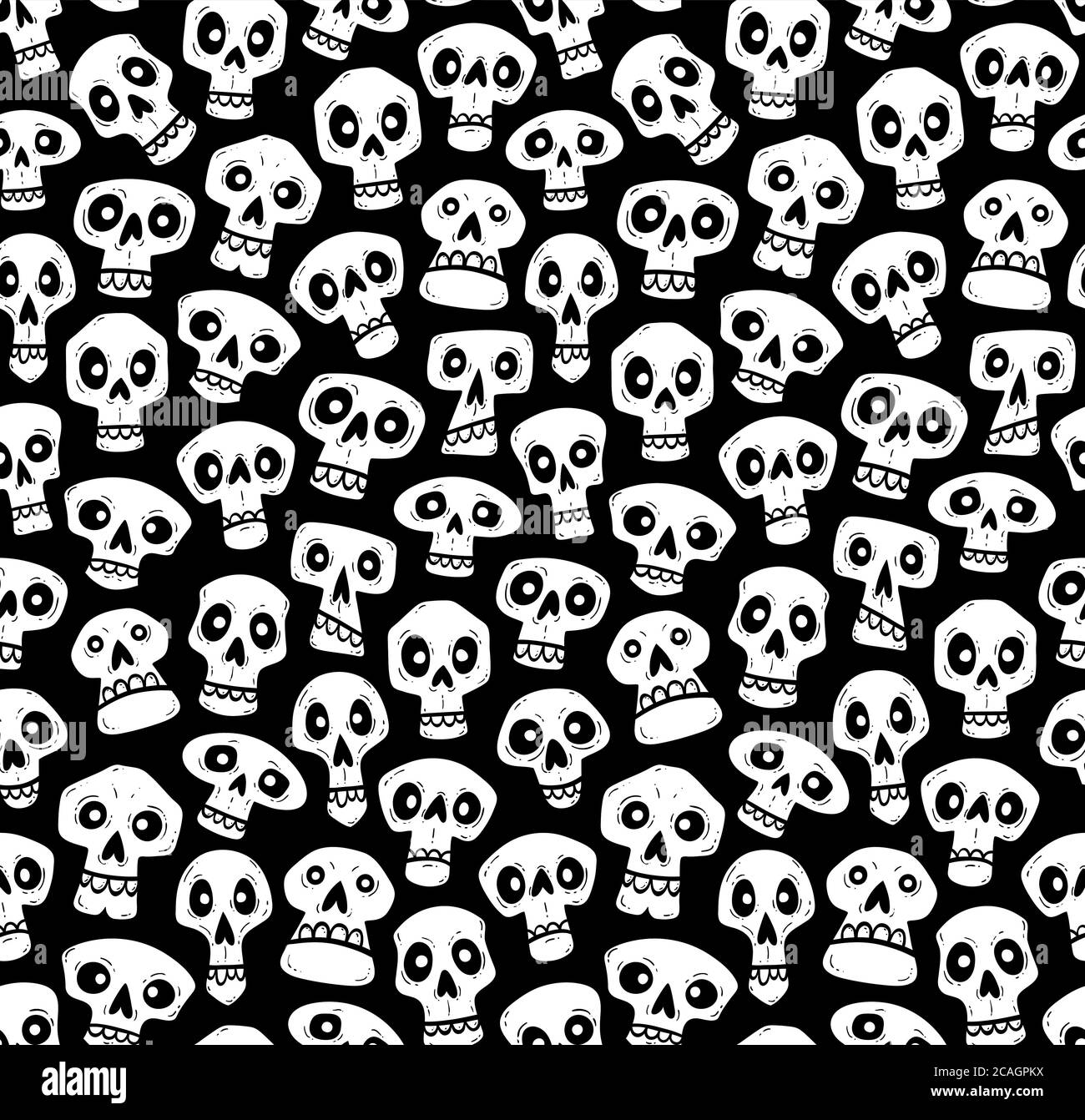 Totenköpfe Nahtloses Muster. Niedliche handgezeichnete halloween Schädel im Cartoon-Stil. Vektorgrafik, isoliert auf schwarzem Hintergrund. Stock Vektor