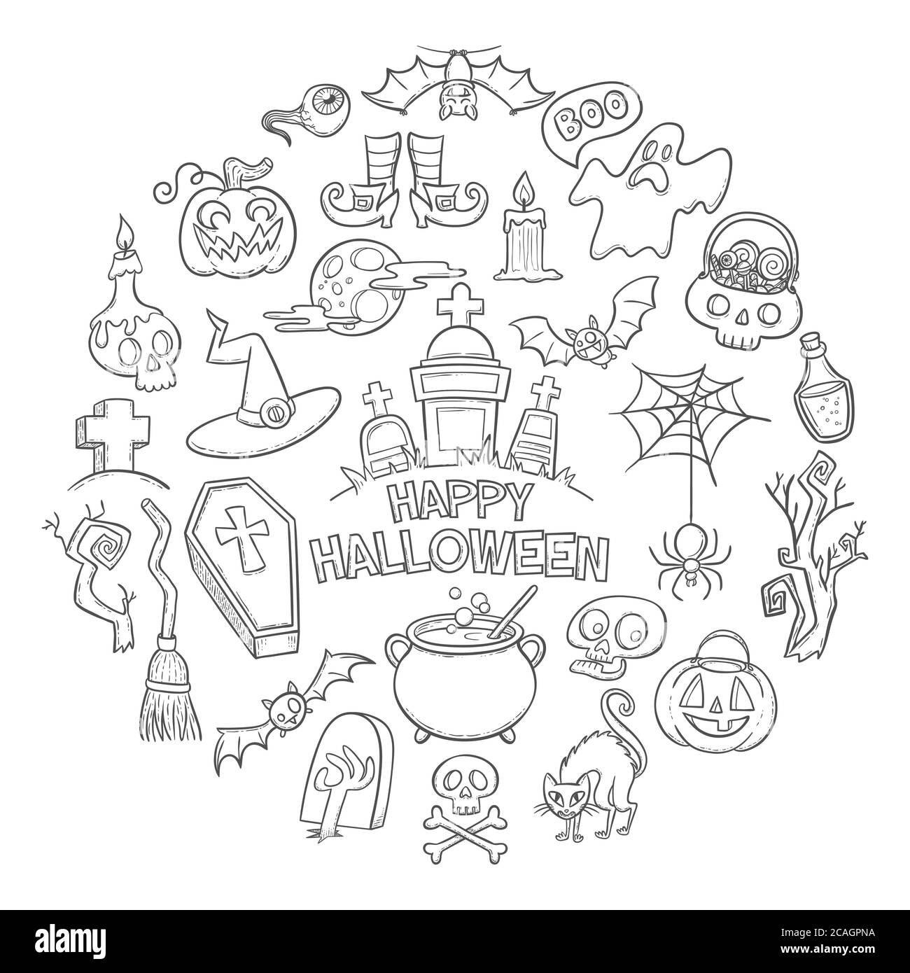 Halloween Doodle Elements Kollektion. Niedlichen Hintergrund mit handgezeichneten Doodle Elemente der Halloween-Feier. Vektorgrafik isoliert auf Weiß Stock Vektor