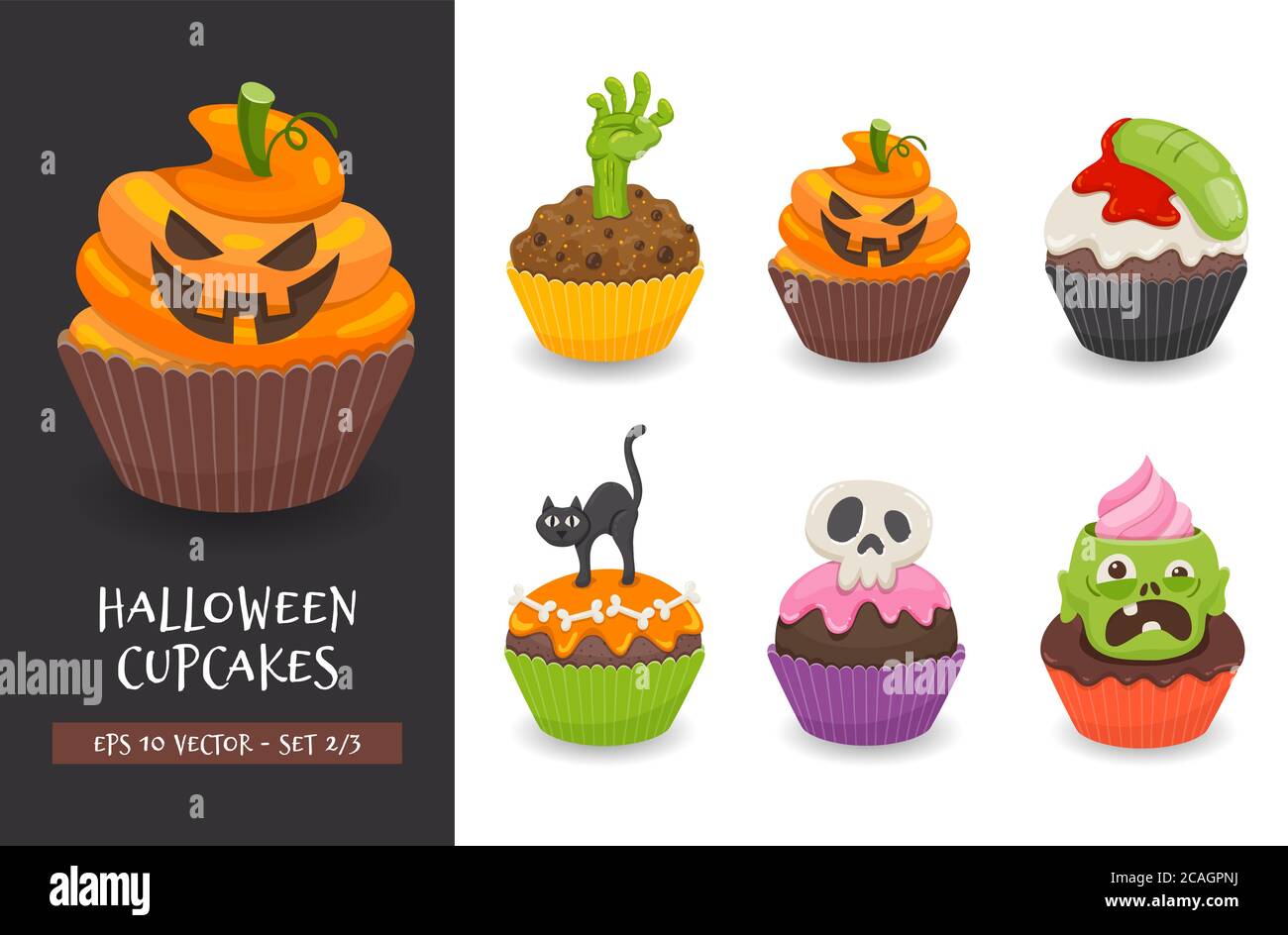 Halloween Cupcake Set. Süße gruselige Desserts, perfekt für Party-Einladungen. Vektorgrafik isoliert auf weißem Hintergrund. Satz 2 von 3. Stock Vektor