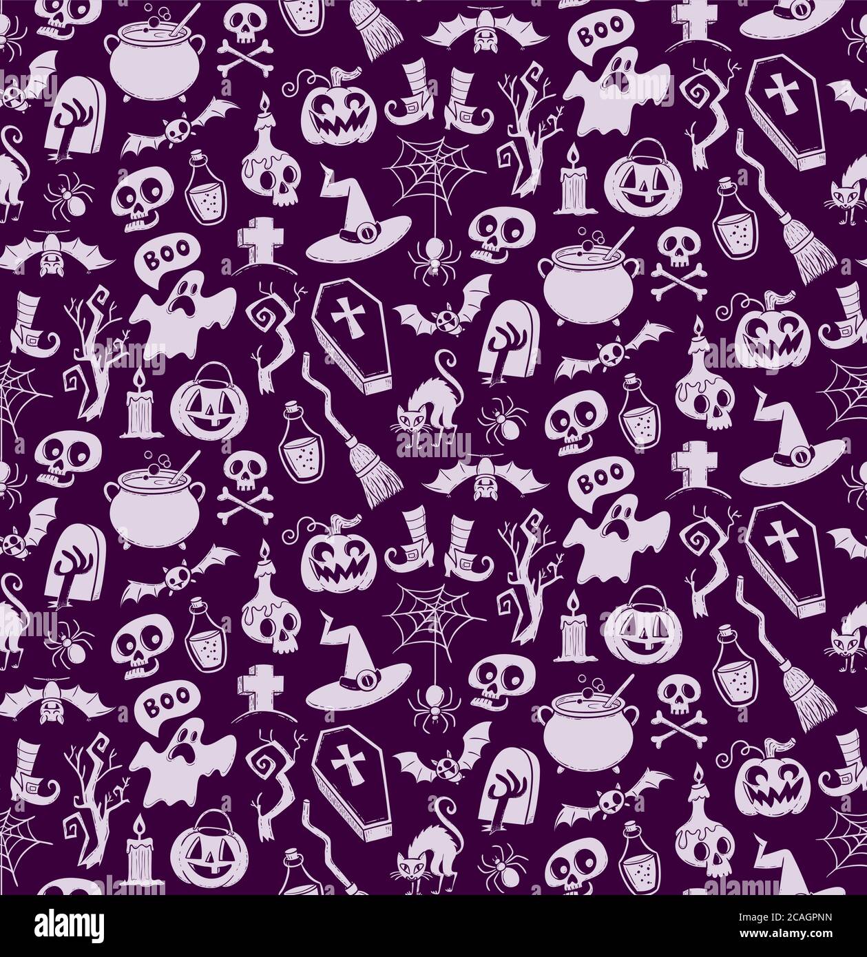 Halloween nahtlose Muster von Hand gezeichnet halloween-Symbole. Perfekt für Hintergründe, Tapeten und Stoffdesign. Vektorgrafik. Stock Vektor