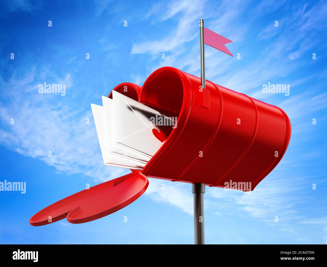 Offene herzförmige Mailbox voller Liebesbriefe. 3D-Illustration. Stockfoto