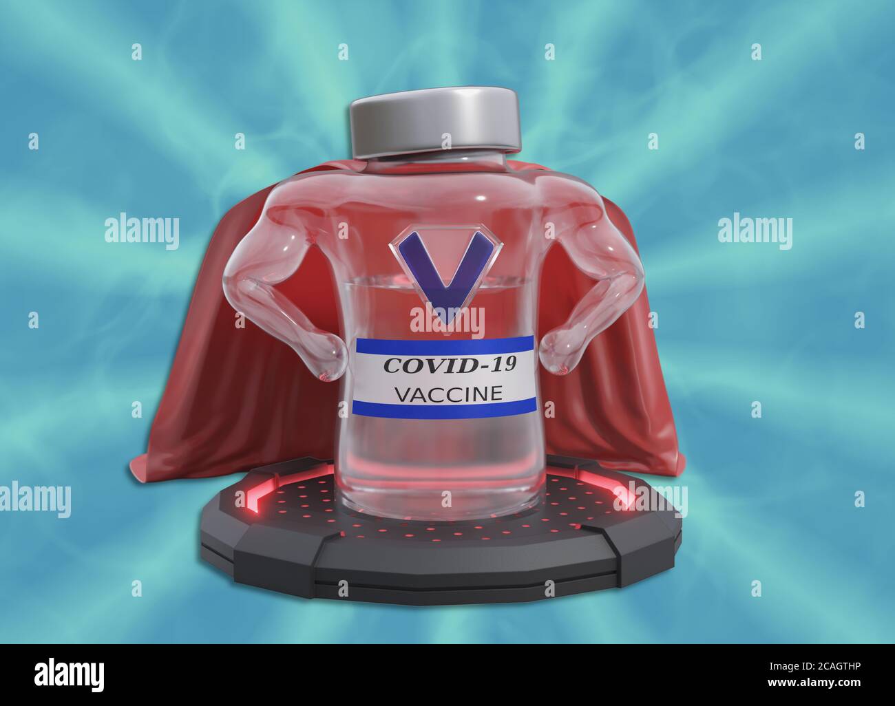 COVID-19 Superhero-Impfstoff. Eine künstlerische Darstellung, die Hoffnungen auf das schnelle Auftreten eines Impfstoffs zur Bekämpfung des Coronavirus zum Ausdruck bringt. Stockfoto