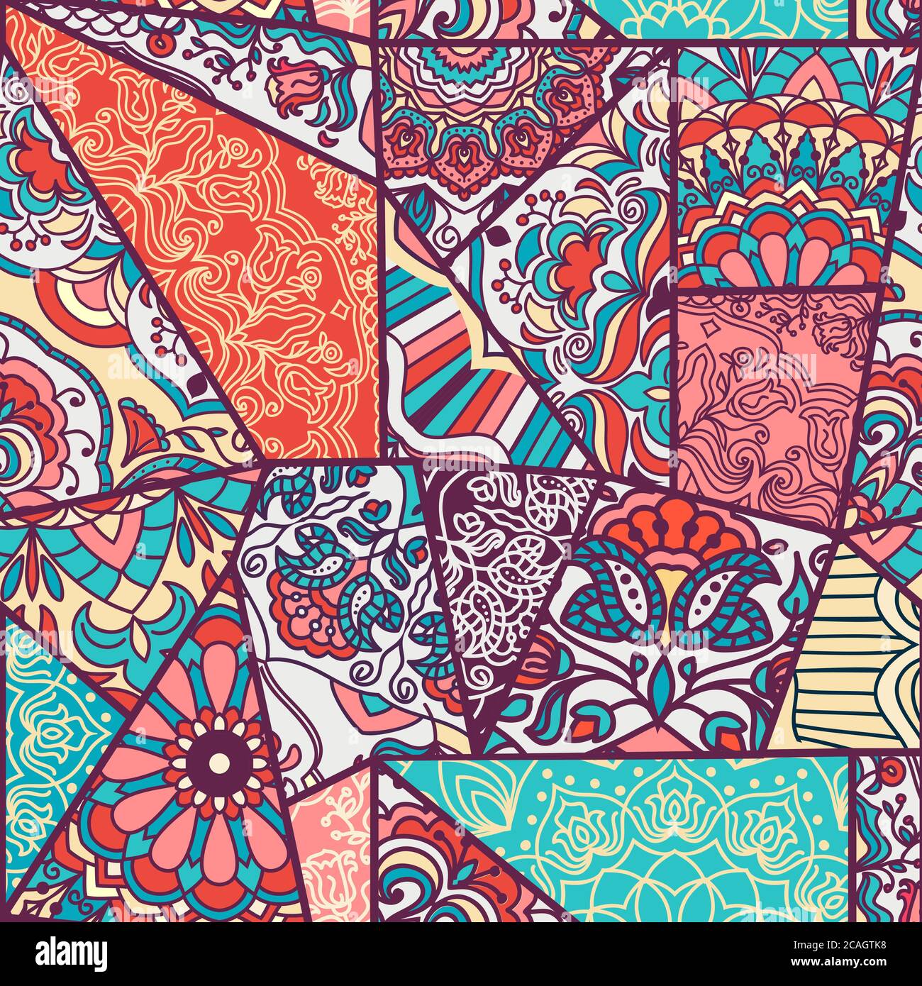 Nahtloses abstraktes buntes Patchwork-Muster. Vintage-Deko-Elemente. Handgezeichneter Hintergrund in Retro-Farben Stockfoto