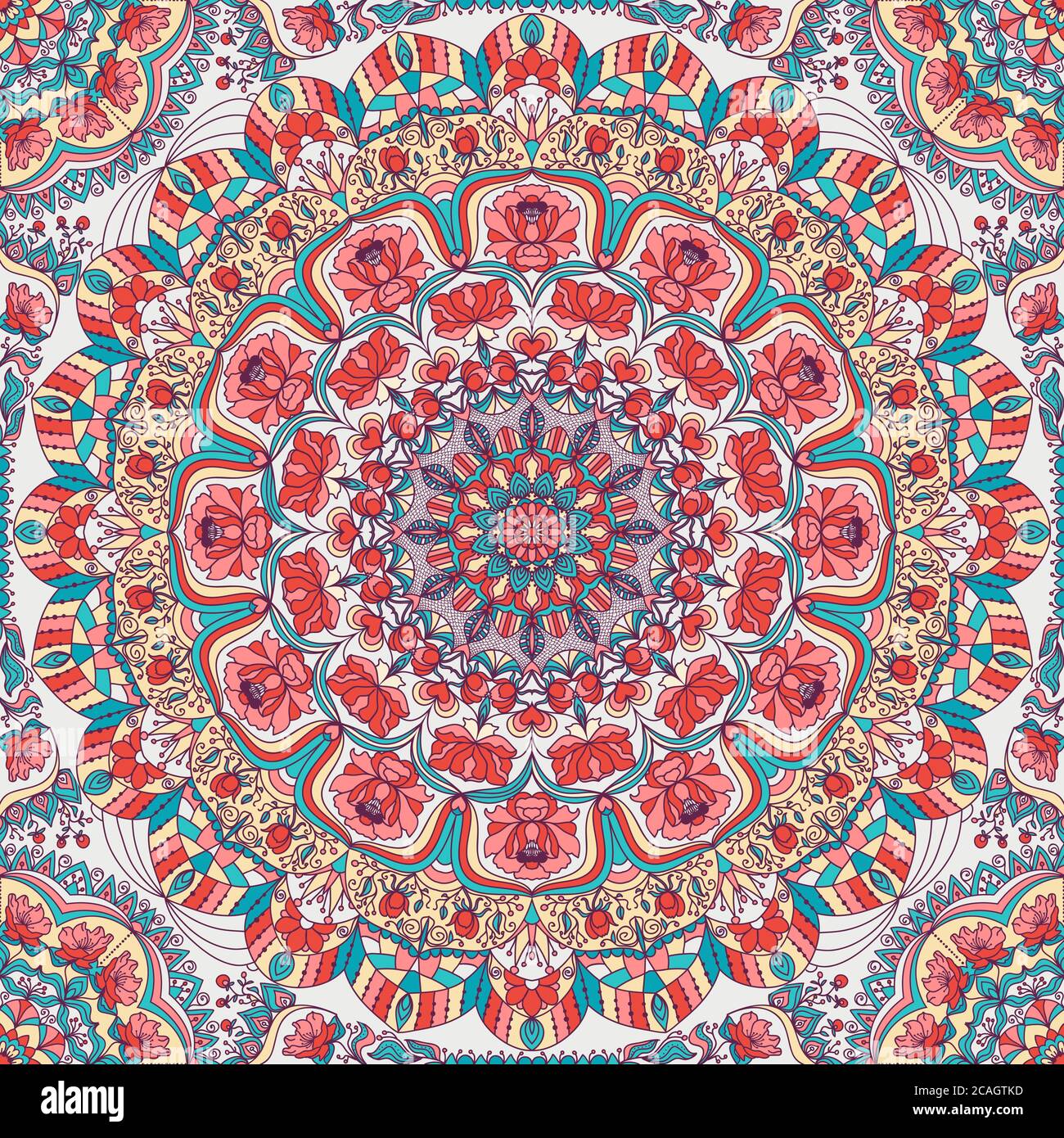 Nahtlose bunte florale handgezeichnete Muster mit Mandala. Kreis Ornament in Retro-Farben. Traditionelles orientalisches Muster. Stockfoto
