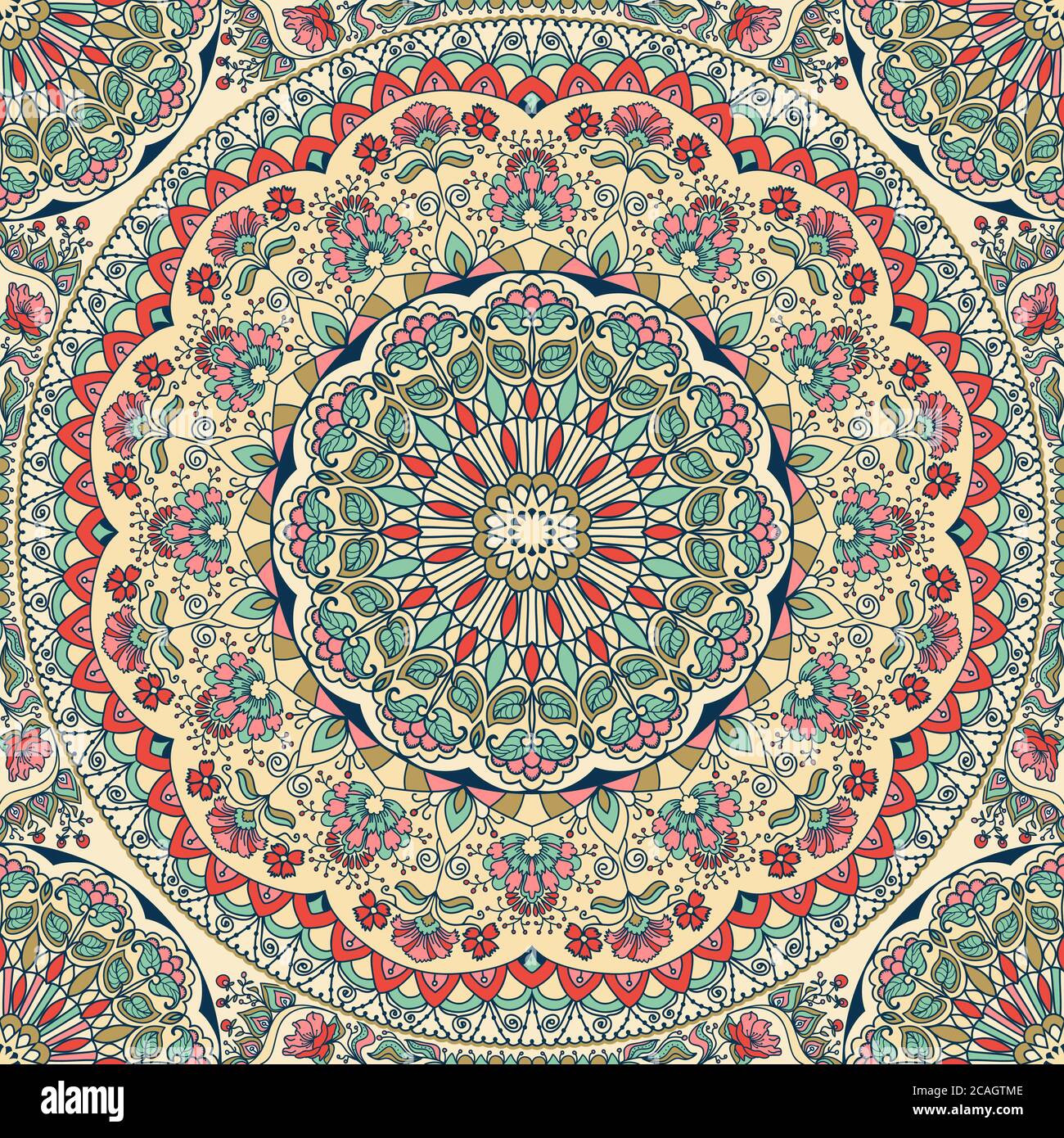 Nahtlose bunte florale handgezeichnete Muster mit Mandala. Kreis Ornament in Retro-Farben. Traditionelles orientalisches Muster. Stockfoto