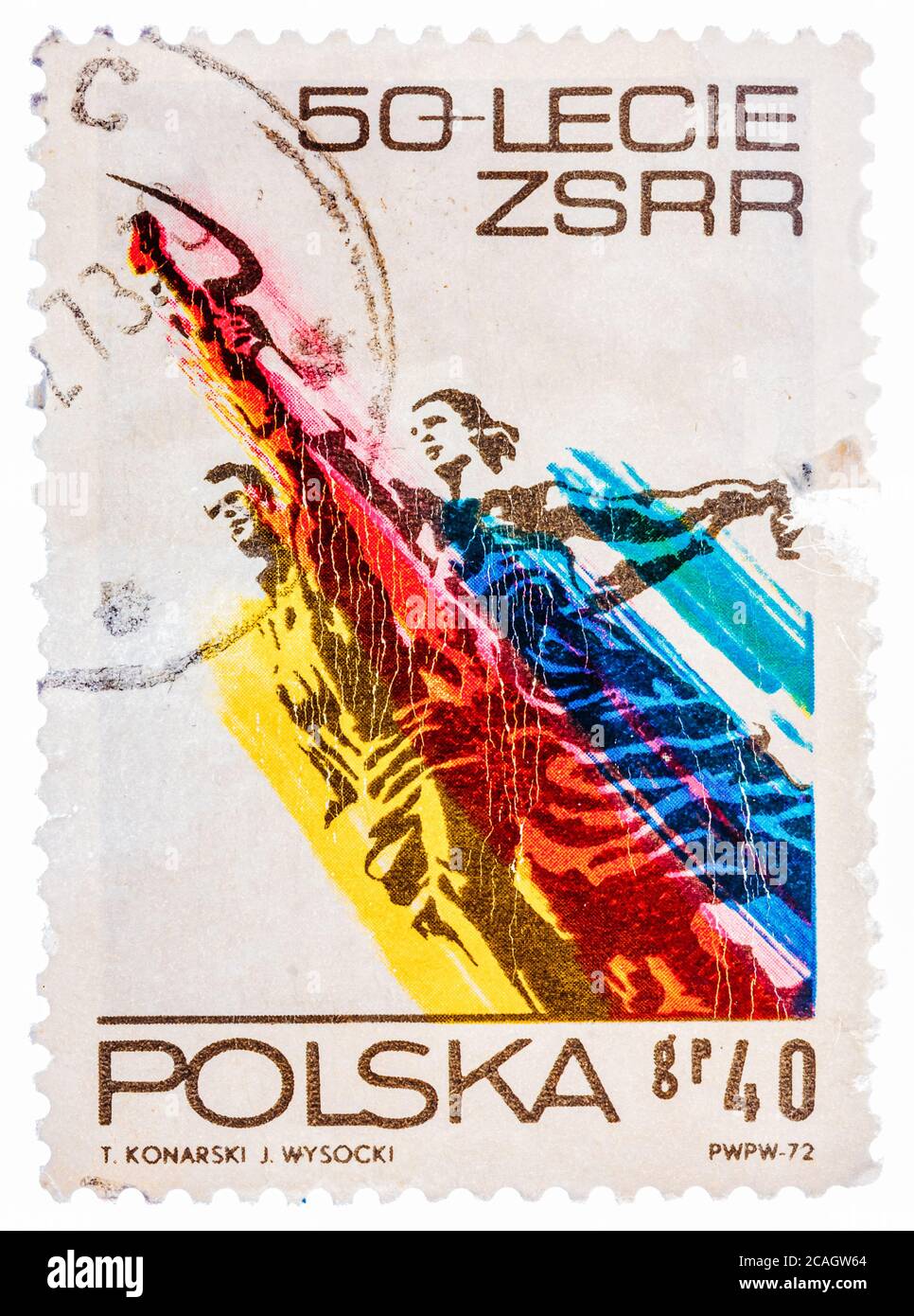 Briefmarke gedruckt in Polen zeigt Mann und Frau, Skulptur von Wiera Muchina, 50. Jahrestag der Sowjetunion Stockfoto