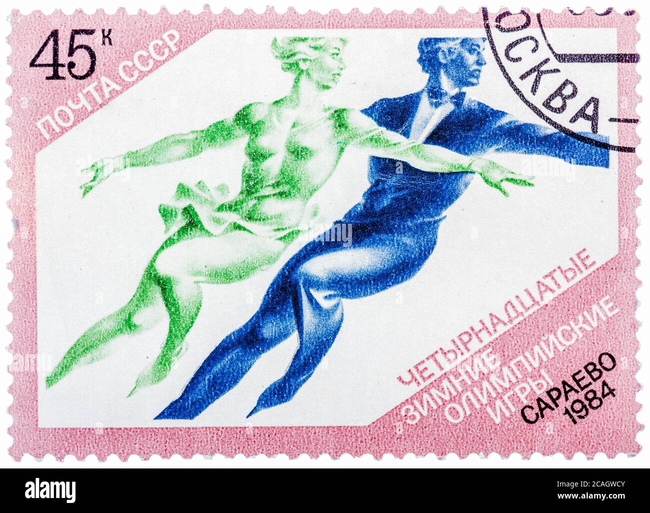 Briefmarken gedruckt in der UdSSR, zeigt die XIV Olympischen Winterspiele in Sarajevo, Eiskunstlauf Stockfoto