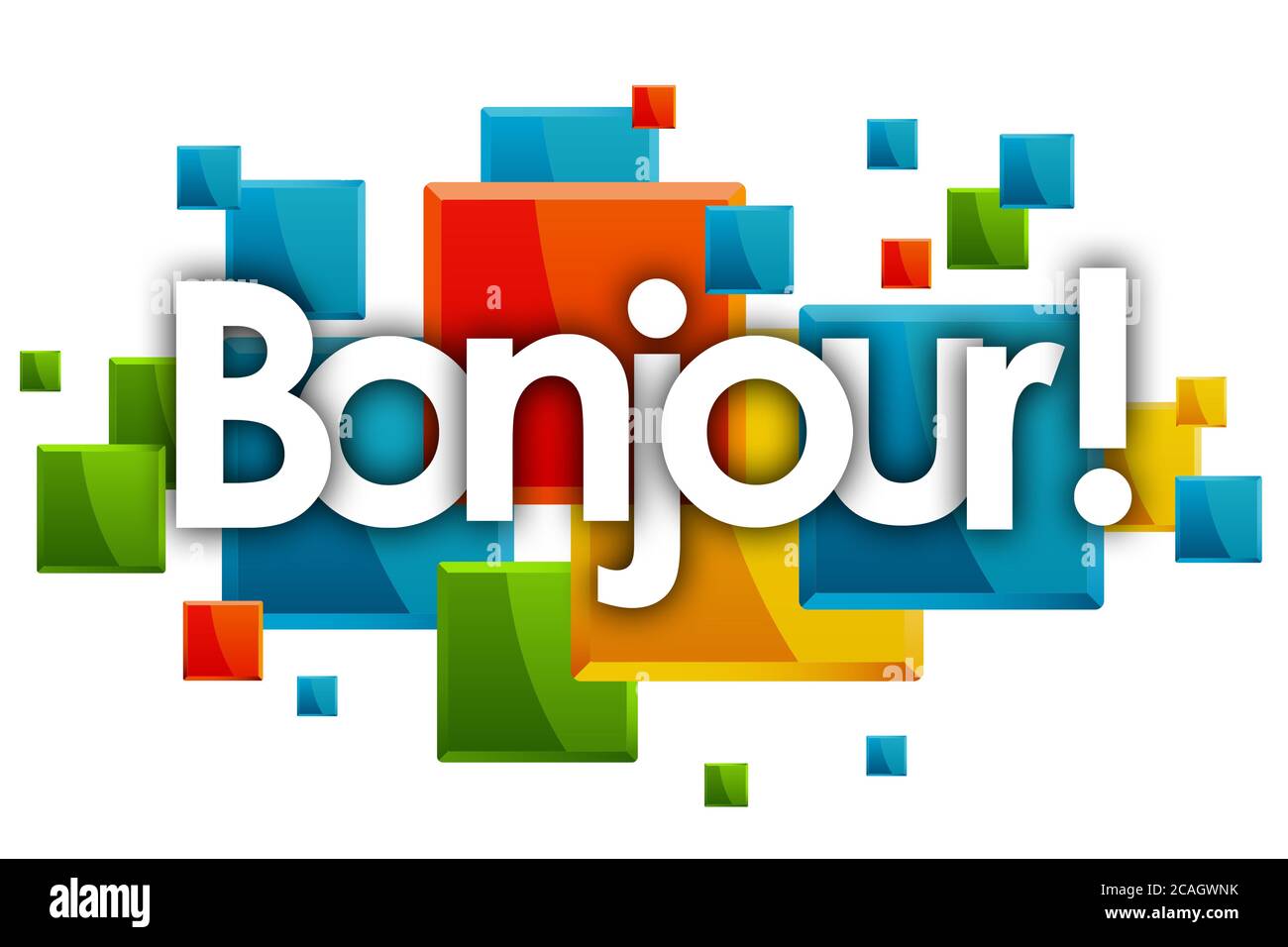 bonjour Wort in Rechtecken und weißem Hintergrund Stockfoto