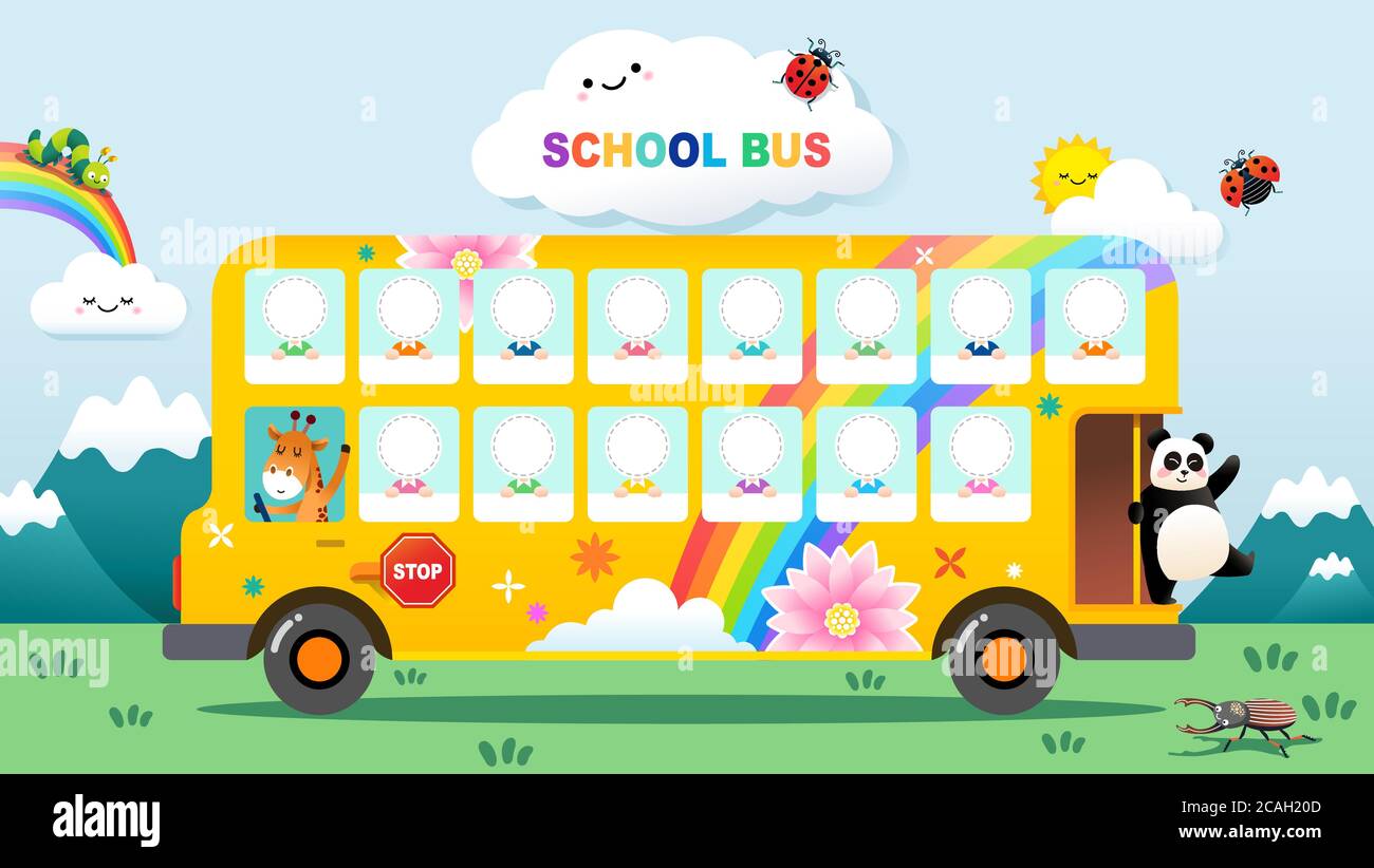 Gelber Schulbus, Konzept-Design für das Setzen eines Bildes des Gesichts eines Kindes in einen Kreis. Stock Vektor