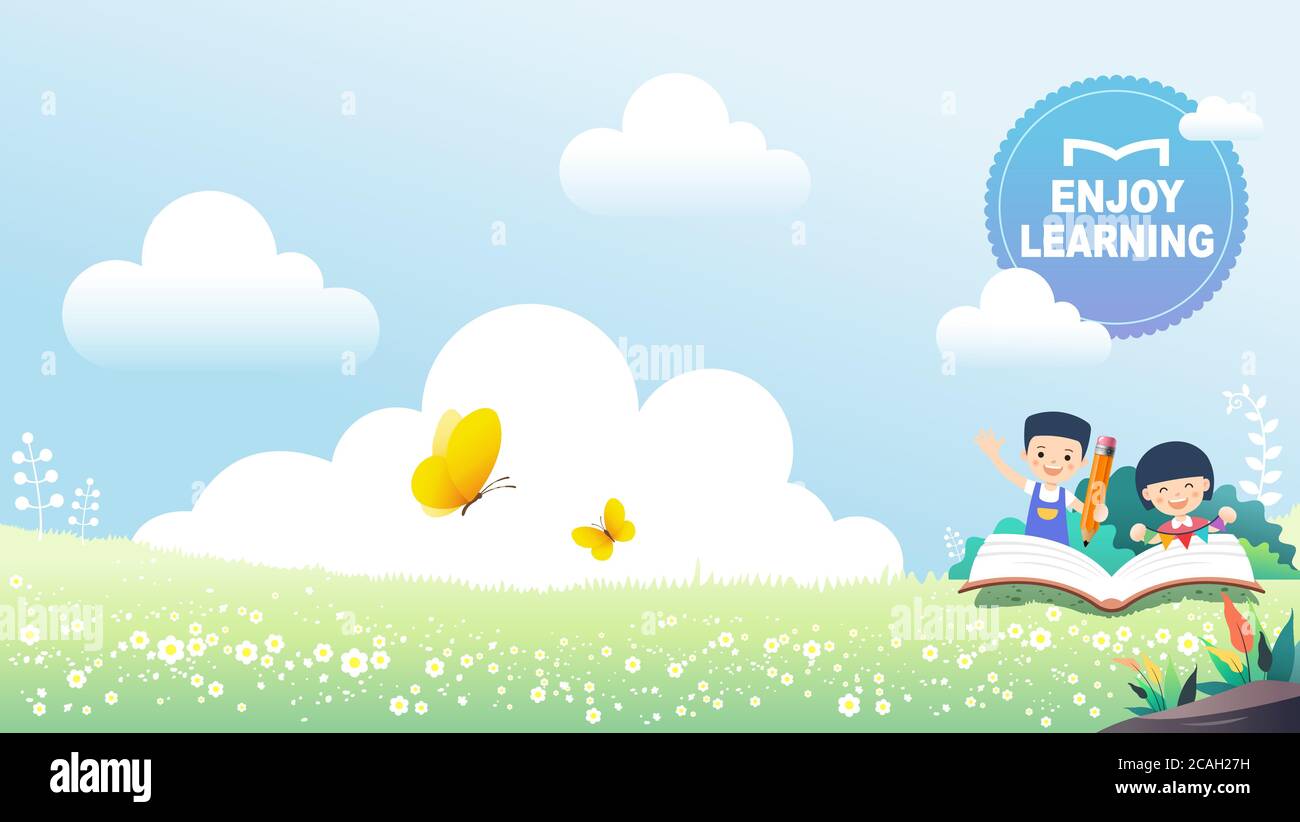 Kinder studieren, Kinder lesen Bücher im Park. Natürlicher Landschaftshintergrund, Vektorgrafik. Stock Vektor