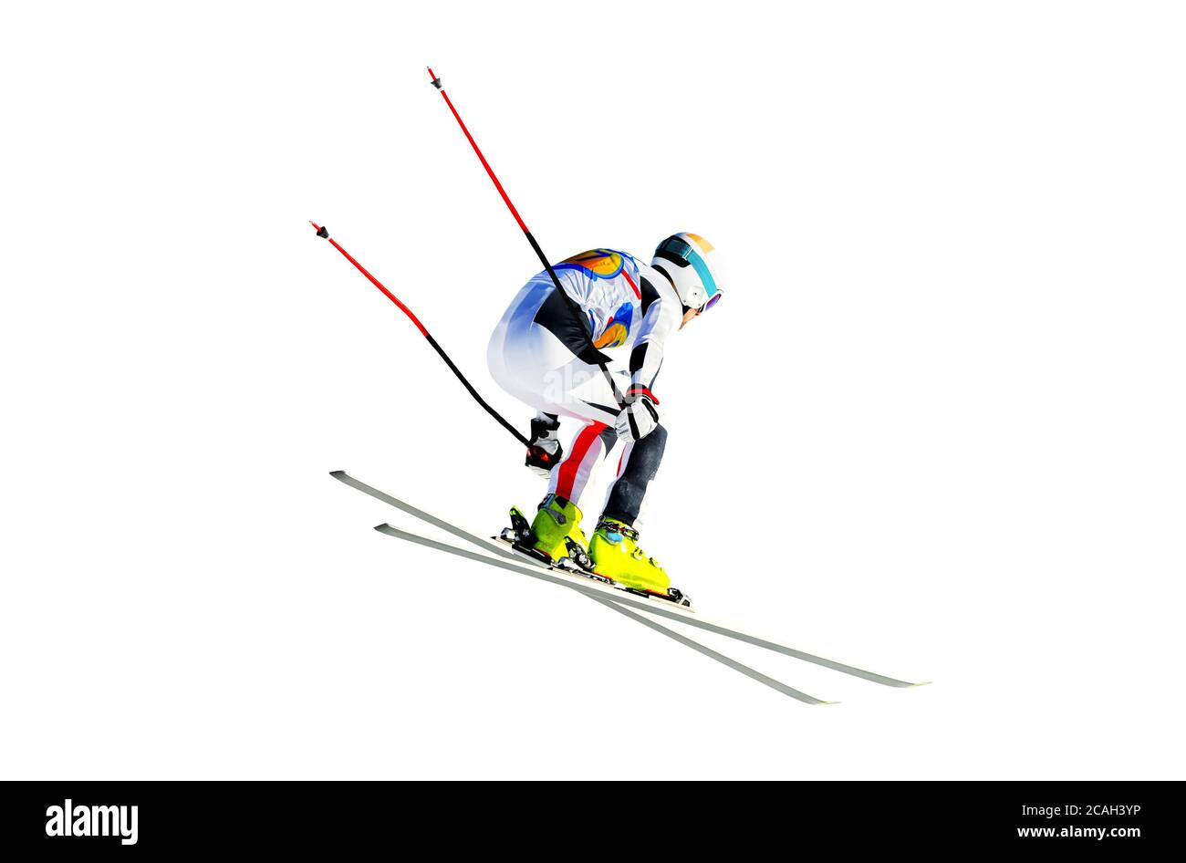 Mann Athlet Alpin Skifahrer Silhouette isoliert auf weißem Hintergrund Stockfoto