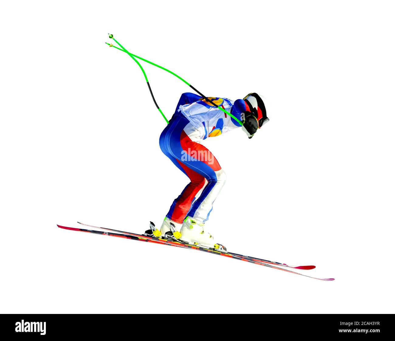 Mann Sportler Skifahrer im alpinen Skifahren isoliert auf weißem Hintergrund Stockfoto