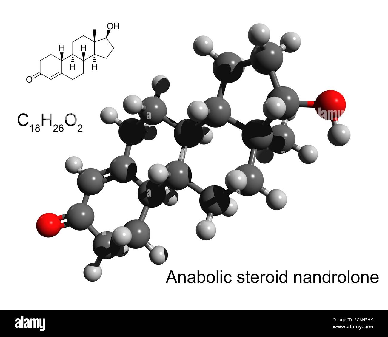 Chemische Formel, Strukturformel und 3D Ball-und-Stick-Modell von anabolen Steroid Nandrolone, weißer Hintergrund Stockfoto