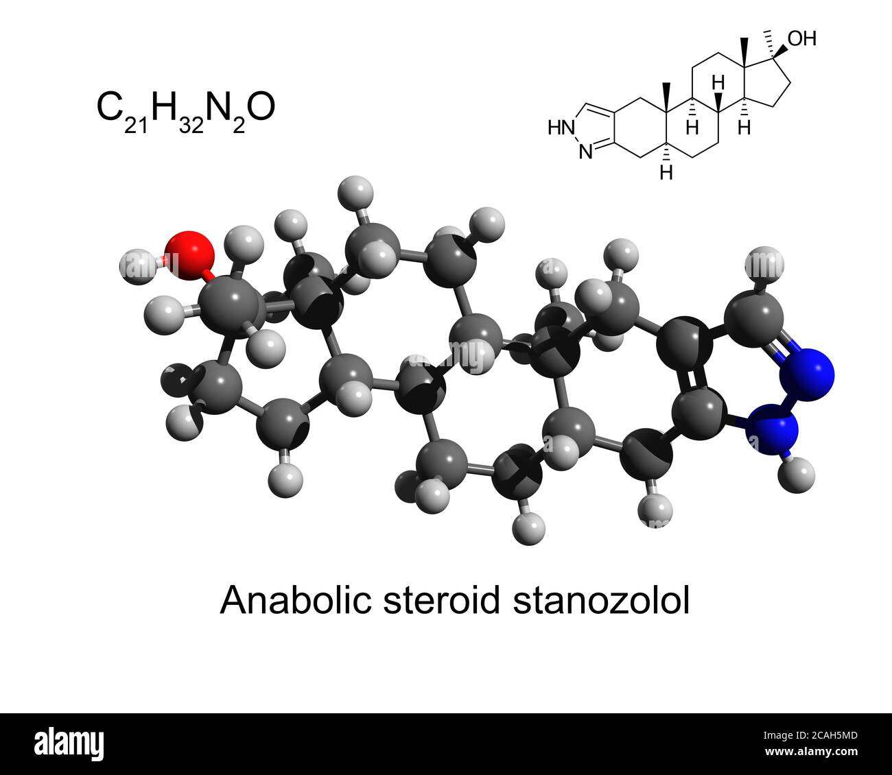 Chemische Formel, Strukturformel und 3D Ball-und-Stick-Modell von anabolen Steroid stanozolol, weißer Hintergrund Stockfoto