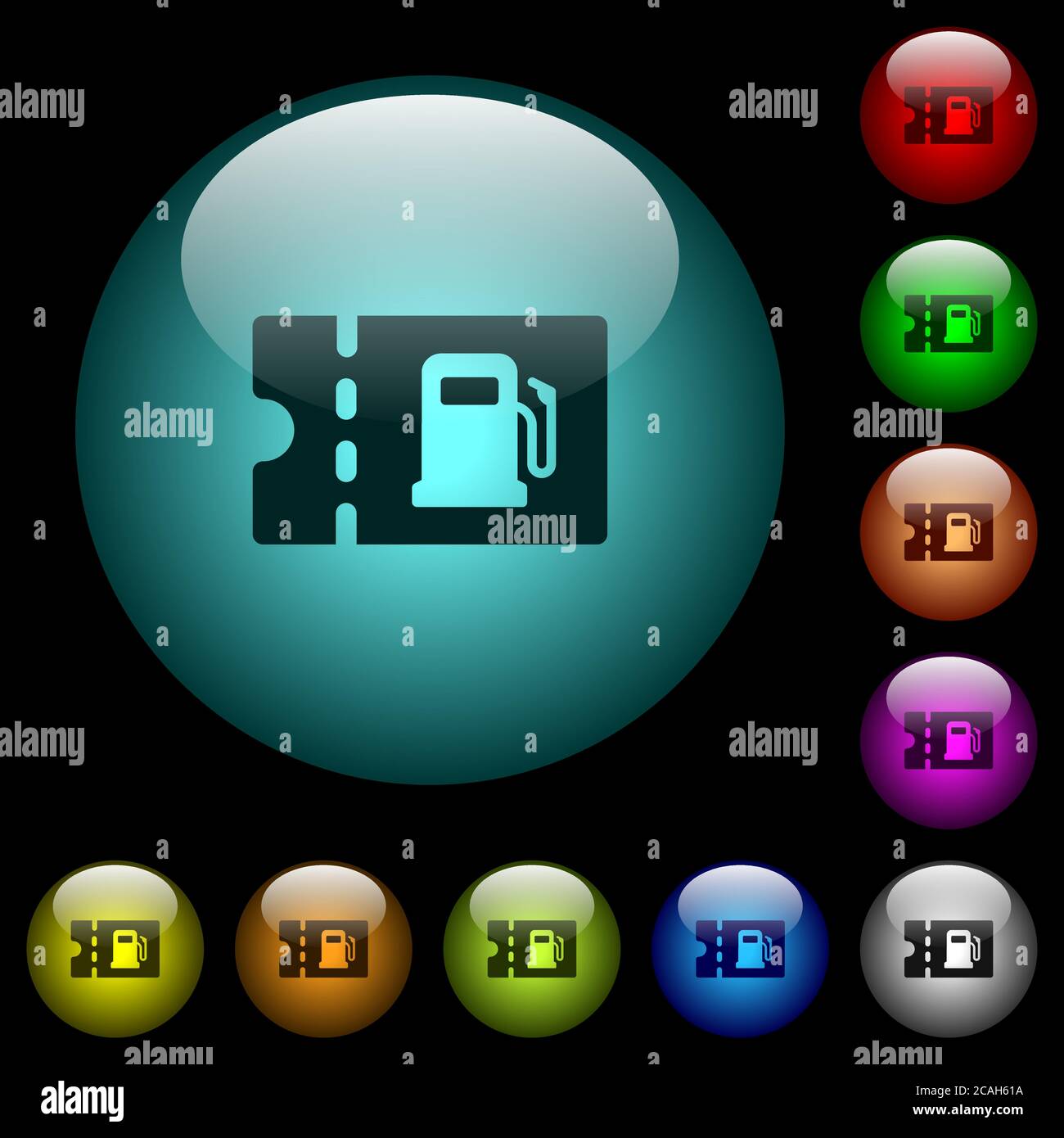 Auftanken Rabatt Coupon Symbole in Farbe beleuchtet kugelförmigen Glas Tasten auf schwarzem Hintergrund. Kann für schwarze oder dunkle Vorlagen verwendet werden Stock Vektor