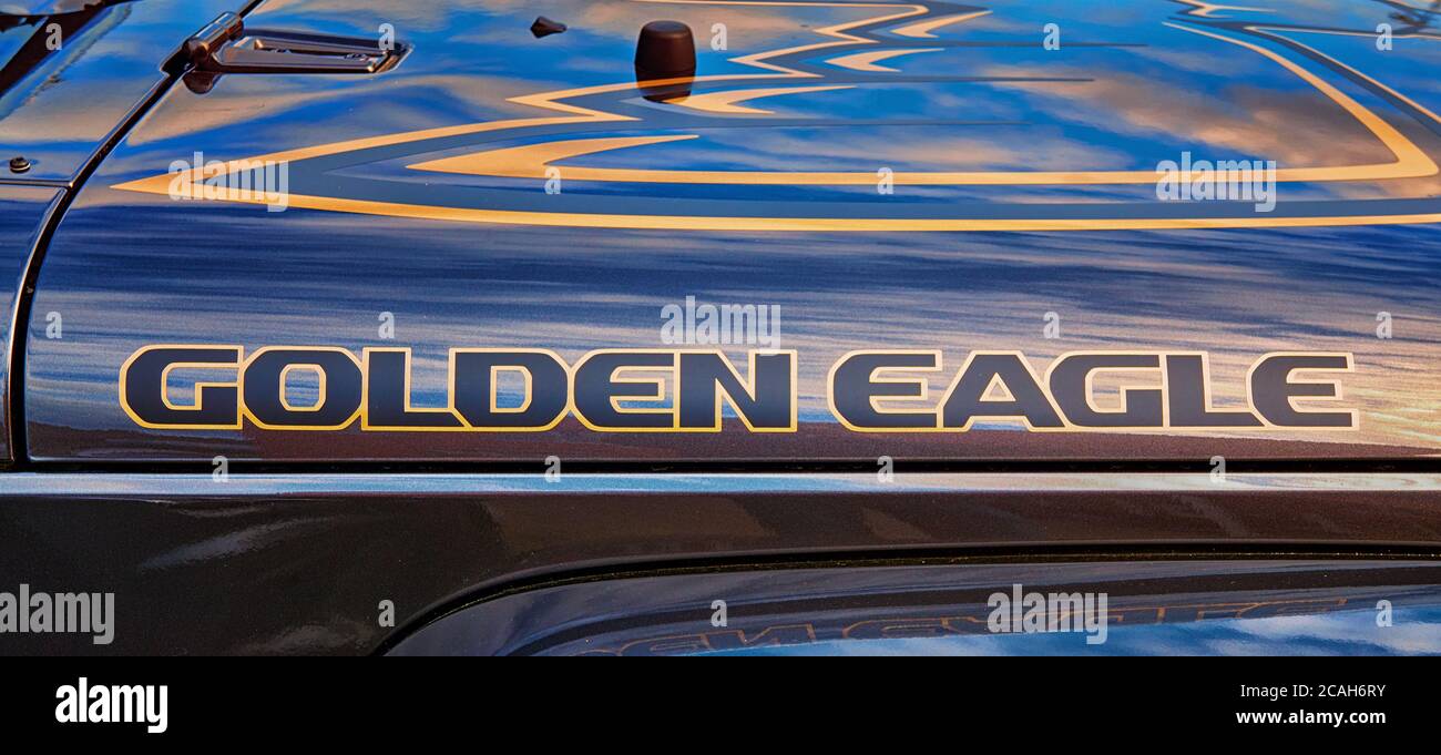 Goldener Adler als Schriftzug auf einem schwarzen Auto. Stockfoto